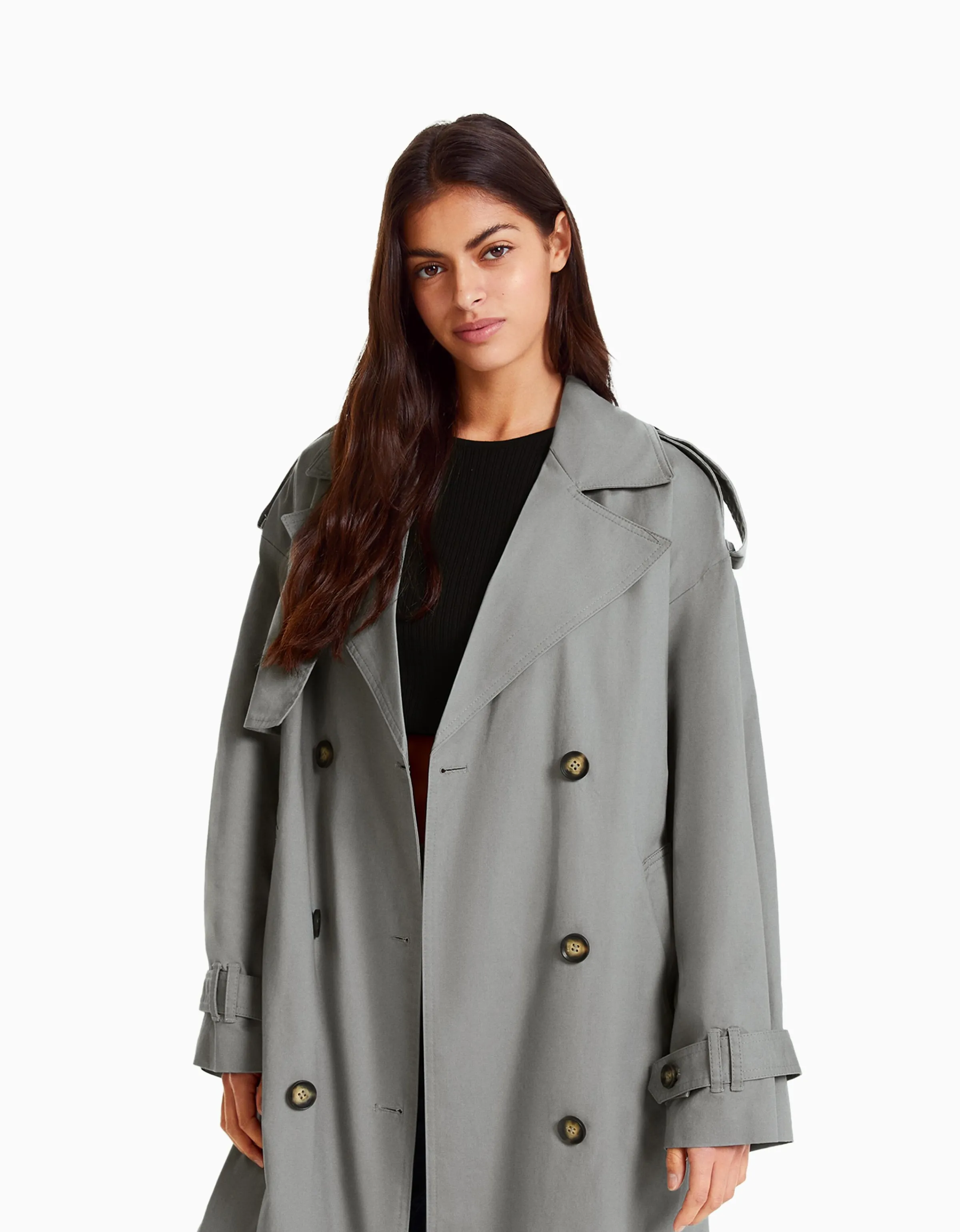 BERSHKA Abrigo trench oversize algodón Gris Clearance