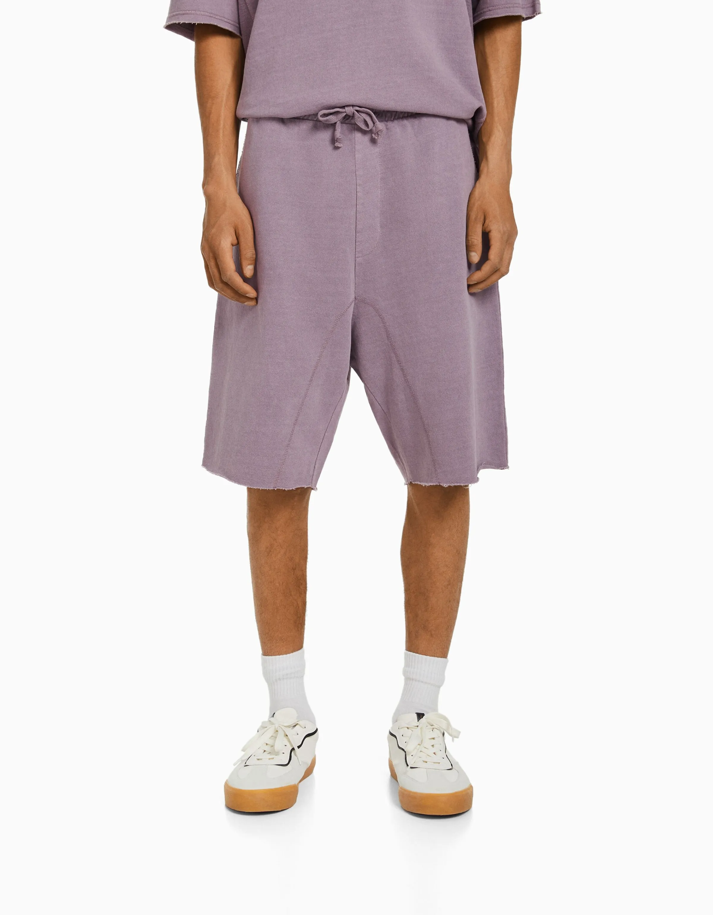 BERSHKA Bermuda felpa efecto lavado Blanco Online