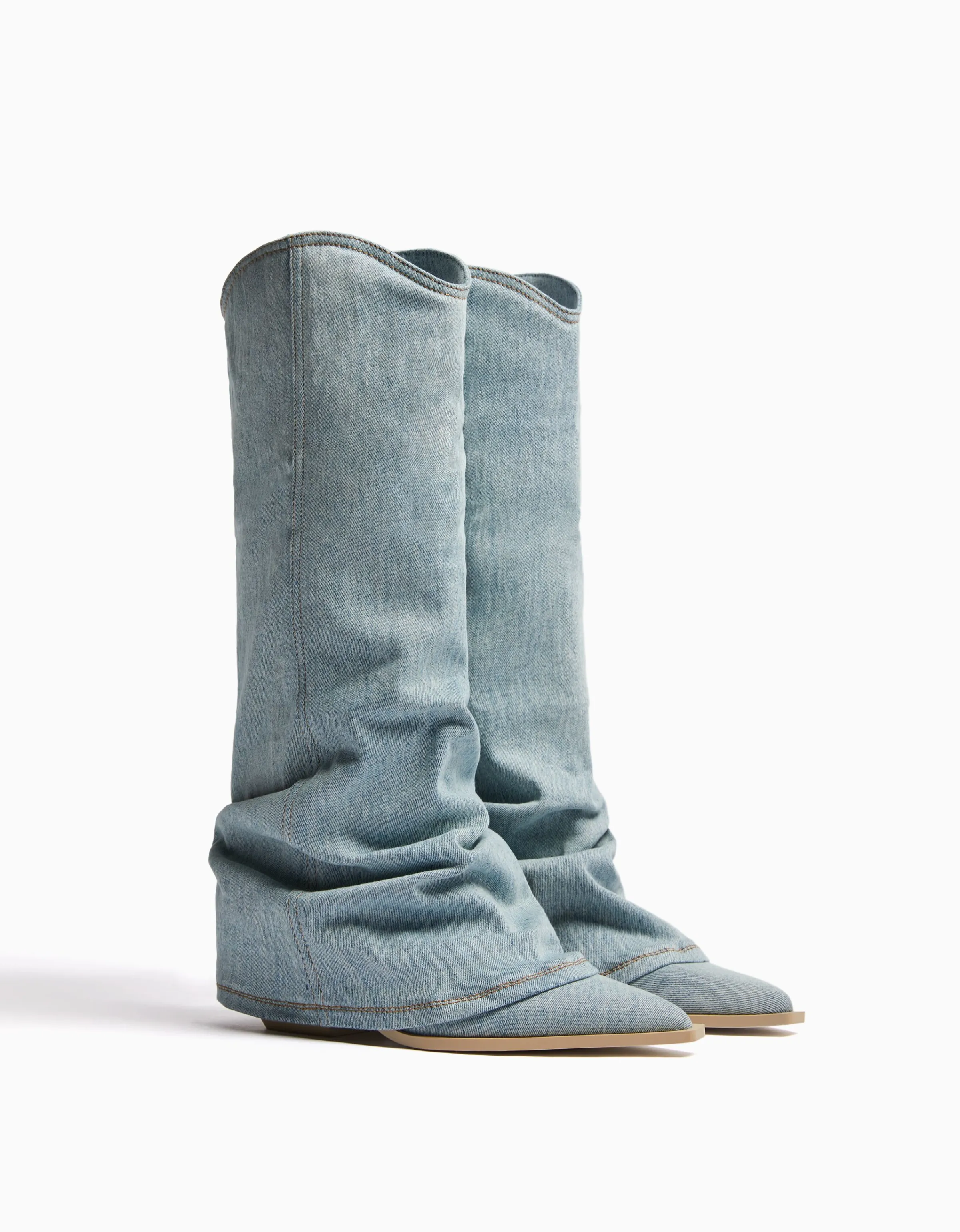 BERSHKA Botas tacón cowboy denim Azul lavado Online
