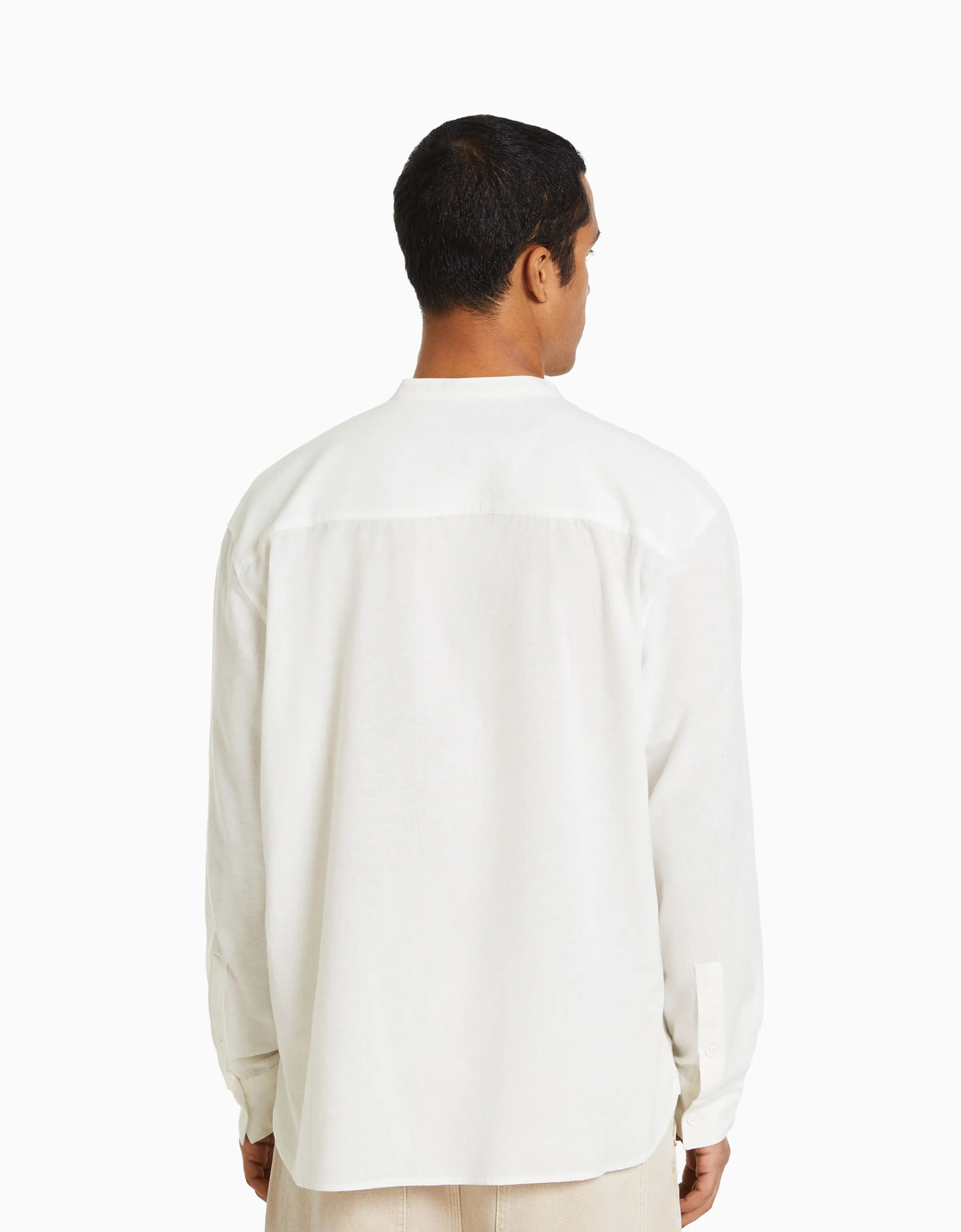 BERSHKA Camisa manga larga con lino Blanco Sale
