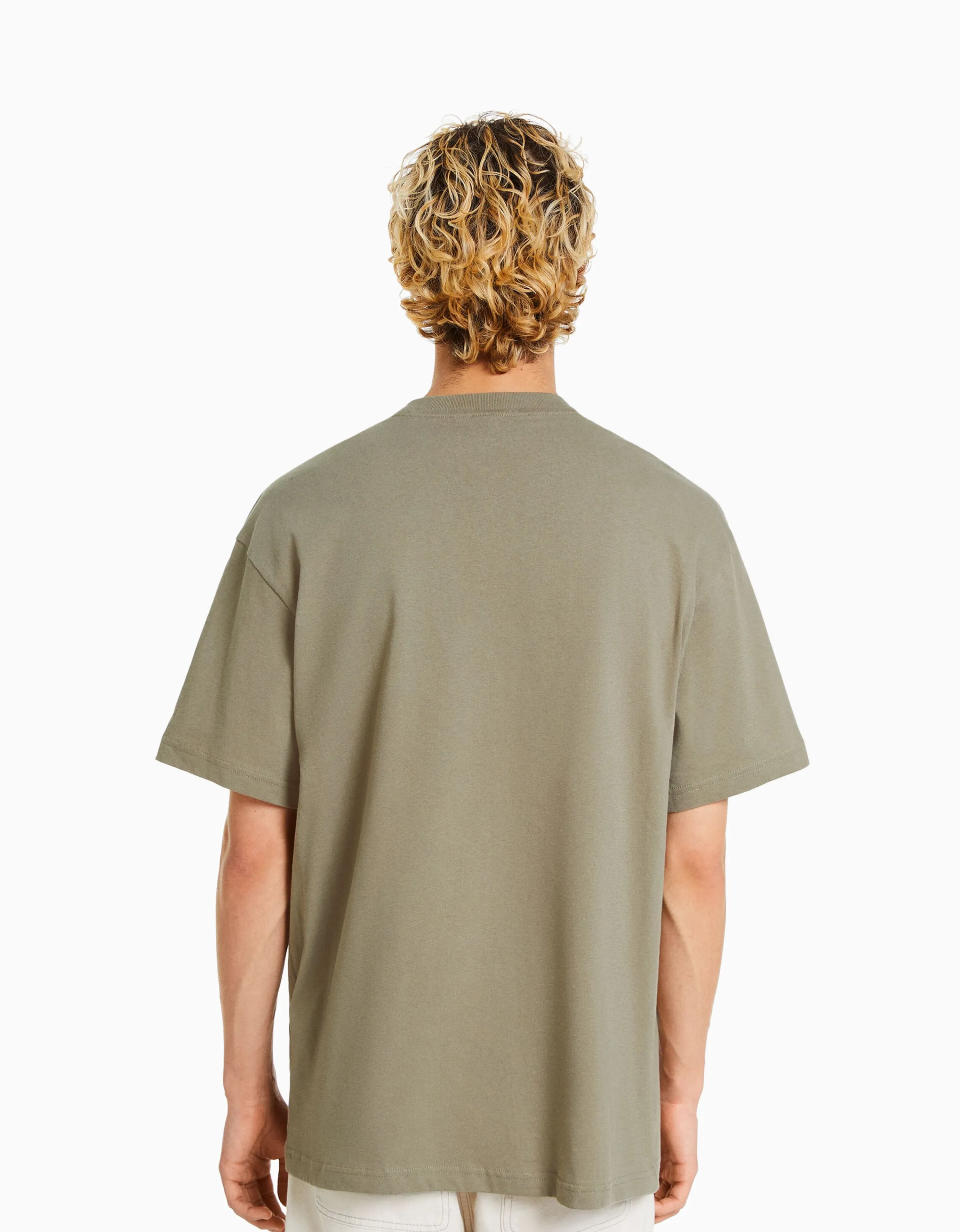 BERSHKA Camiseta manga corta boxy fit bolsillo print Kaki New
