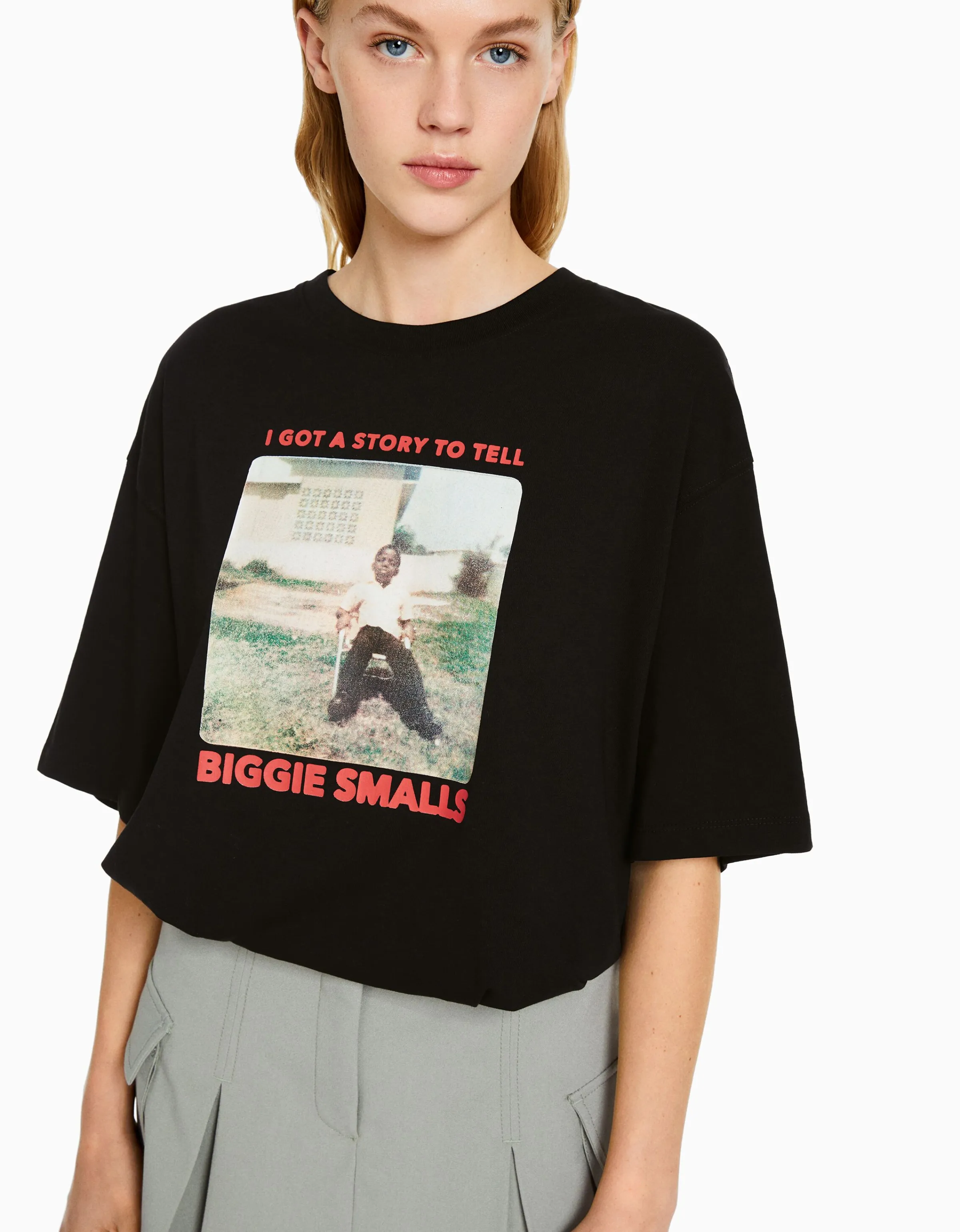 BERSHKA Camiseta manga corta boxy fit print The Notorious B.I.G. Negro Sale