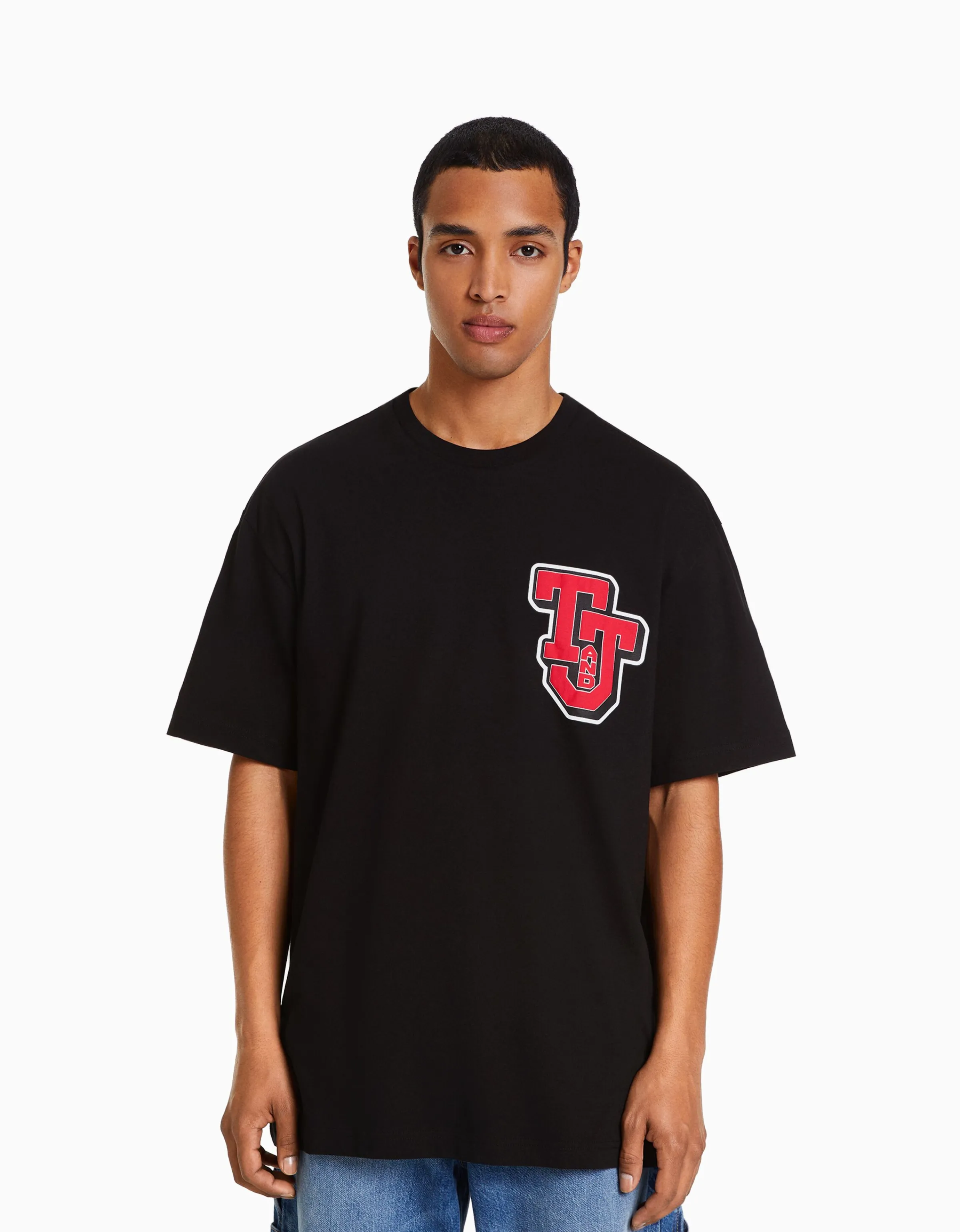 BERSHKA Camiseta manga corta boxy fit print TomJerry Negro Flash Sale