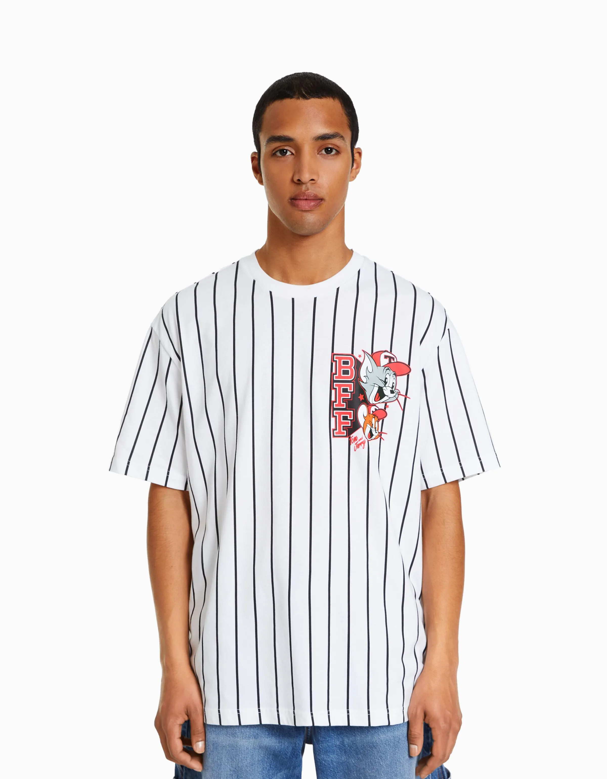 BERSHKA Camiseta manga corta boxy fit print TomJerry Blanco Discount