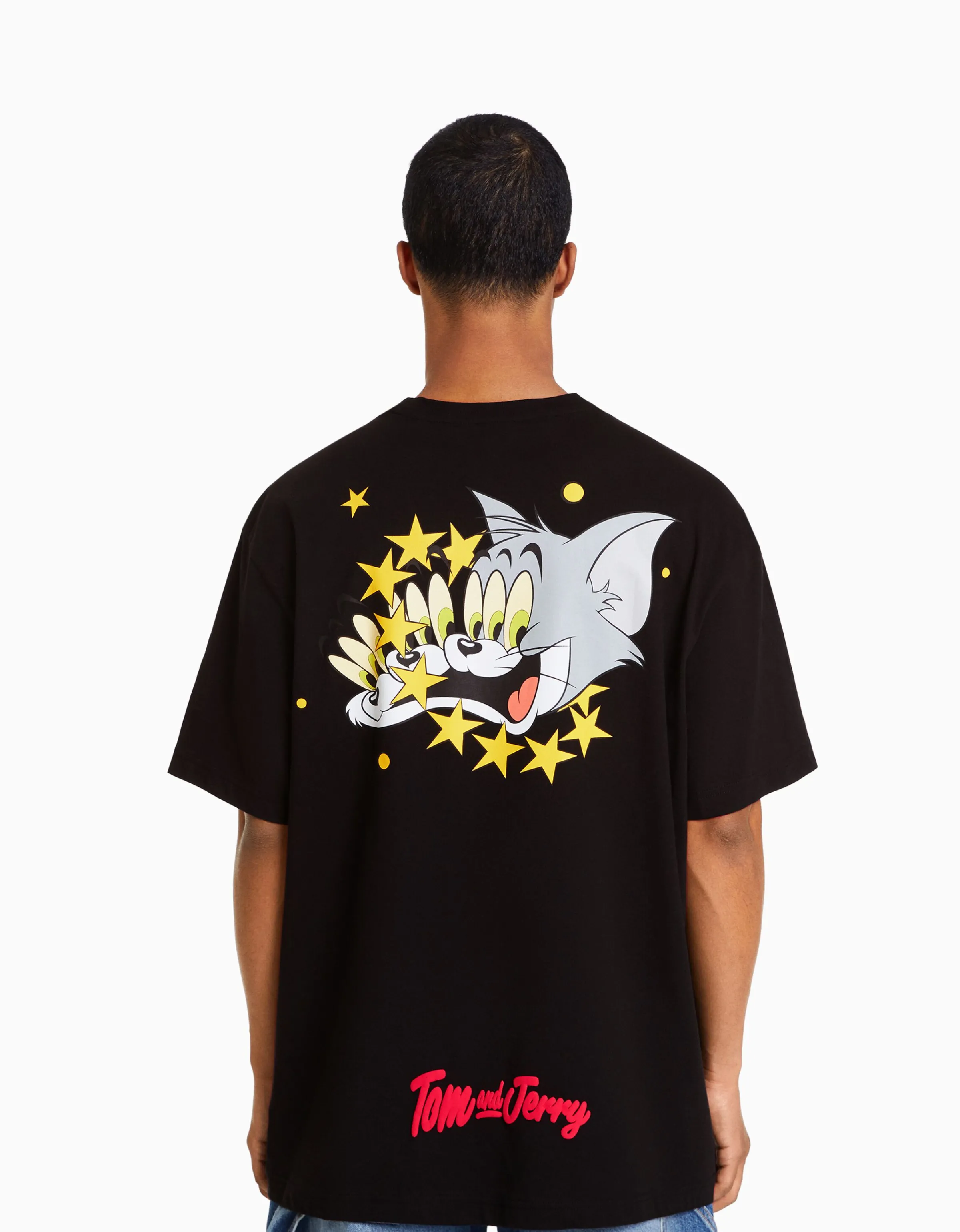 BERSHKA Camiseta manga corta boxy fit print TomJerry Negro Hot