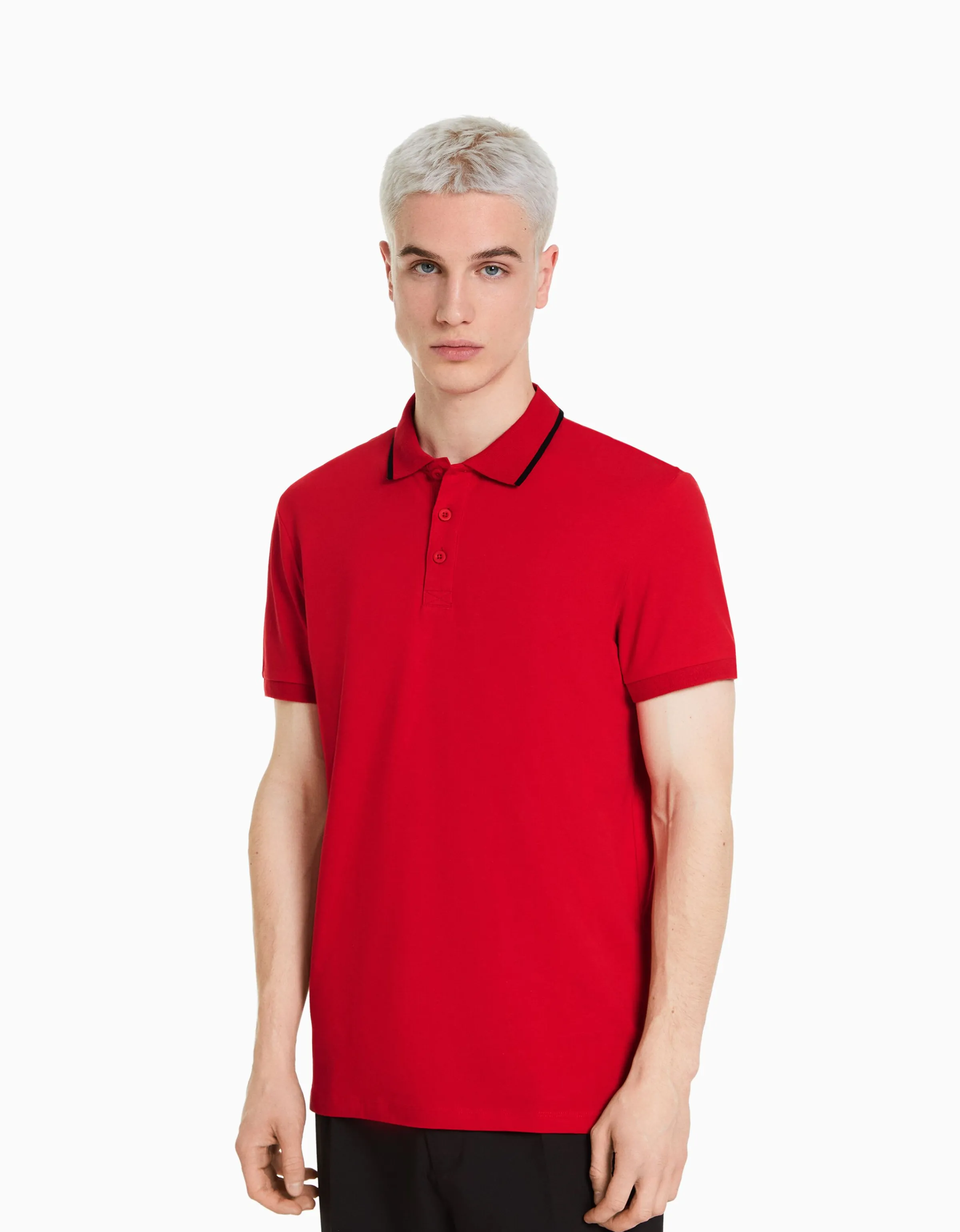BERSHKA Camiseta manga corta cuello polo bandas Blanco Flash Sale