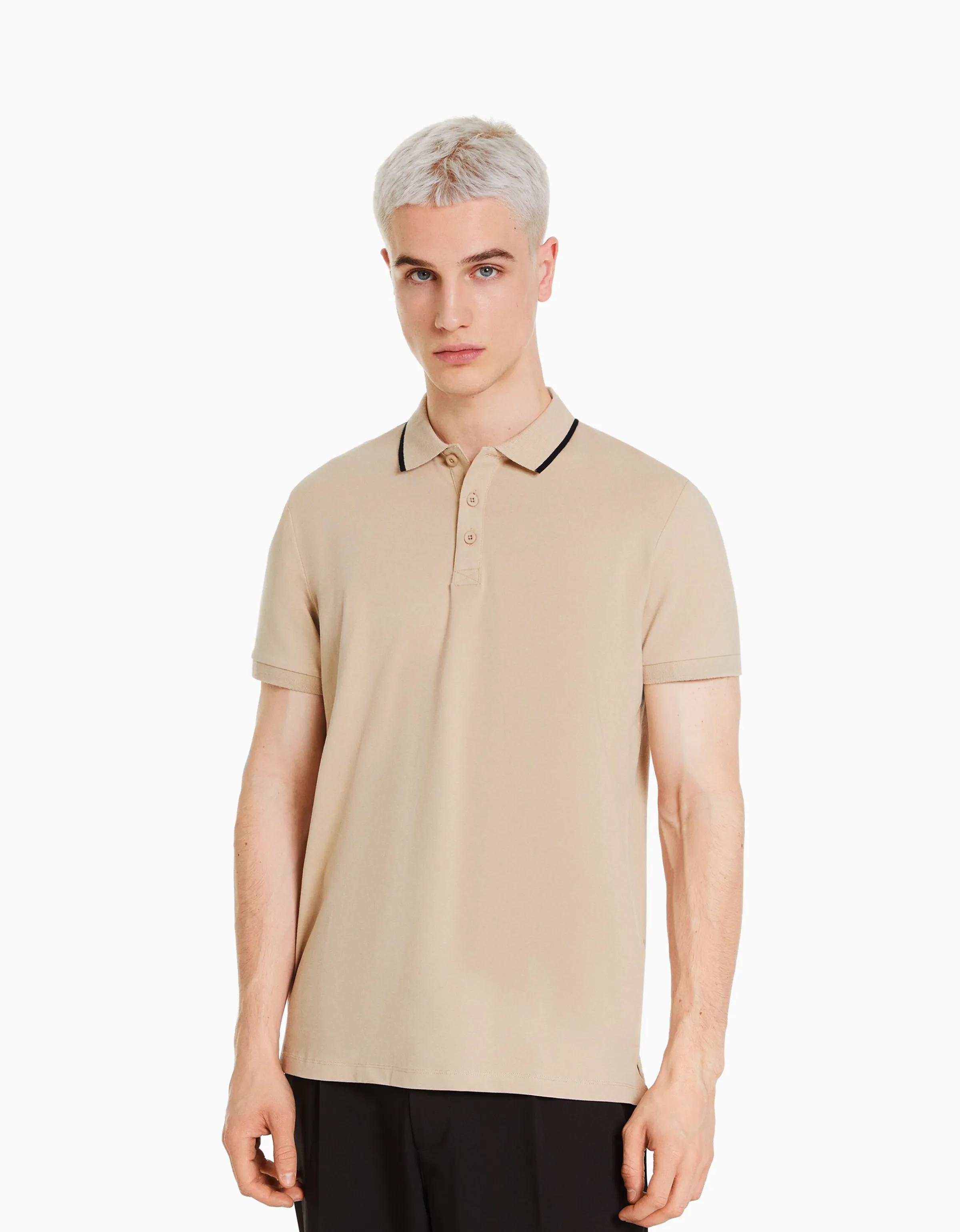 BERSHKA Camiseta manga corta cuello polo bandas Blanco Flash Sale