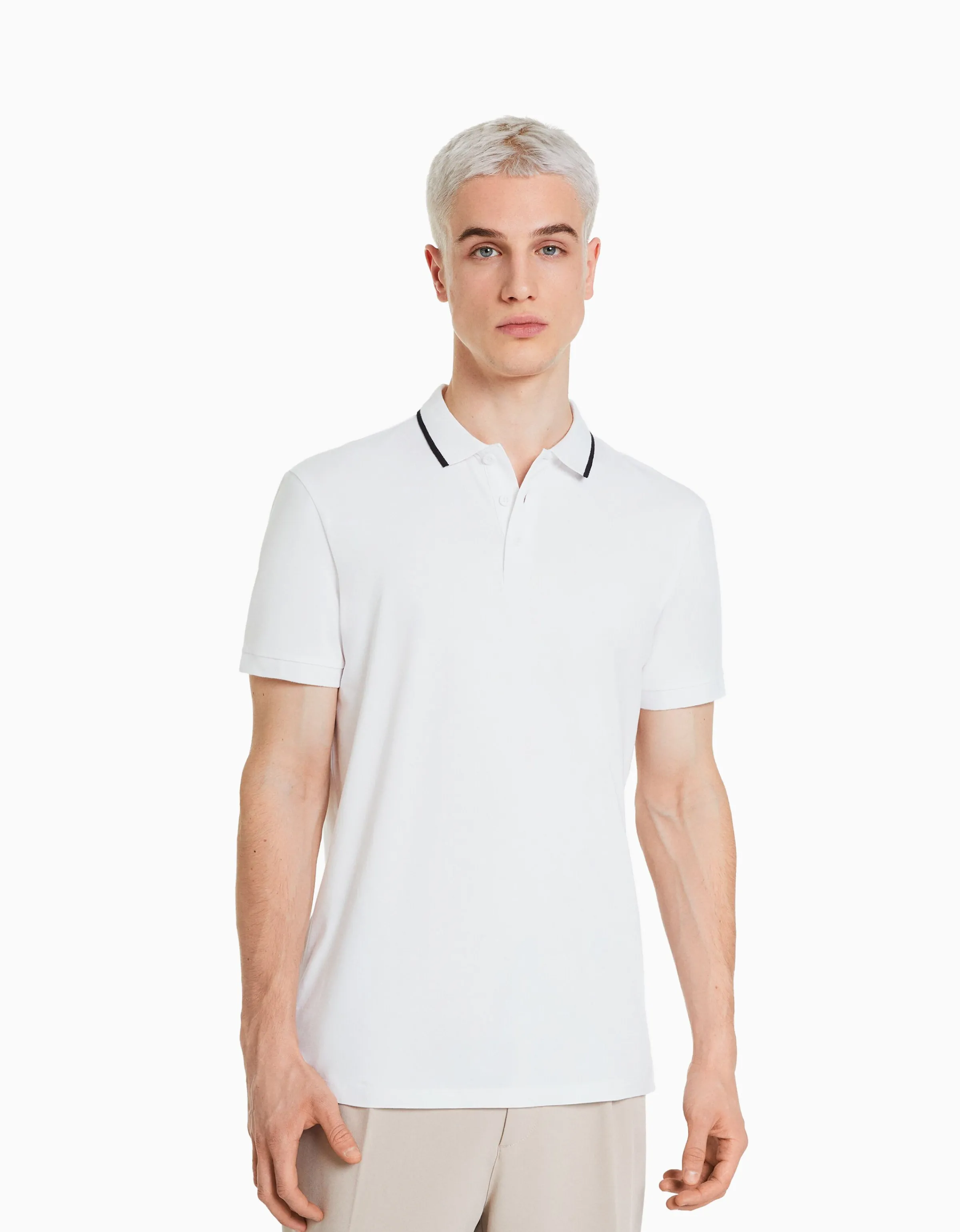 BERSHKA Camiseta manga corta cuello polo bandas Blanco Flash Sale