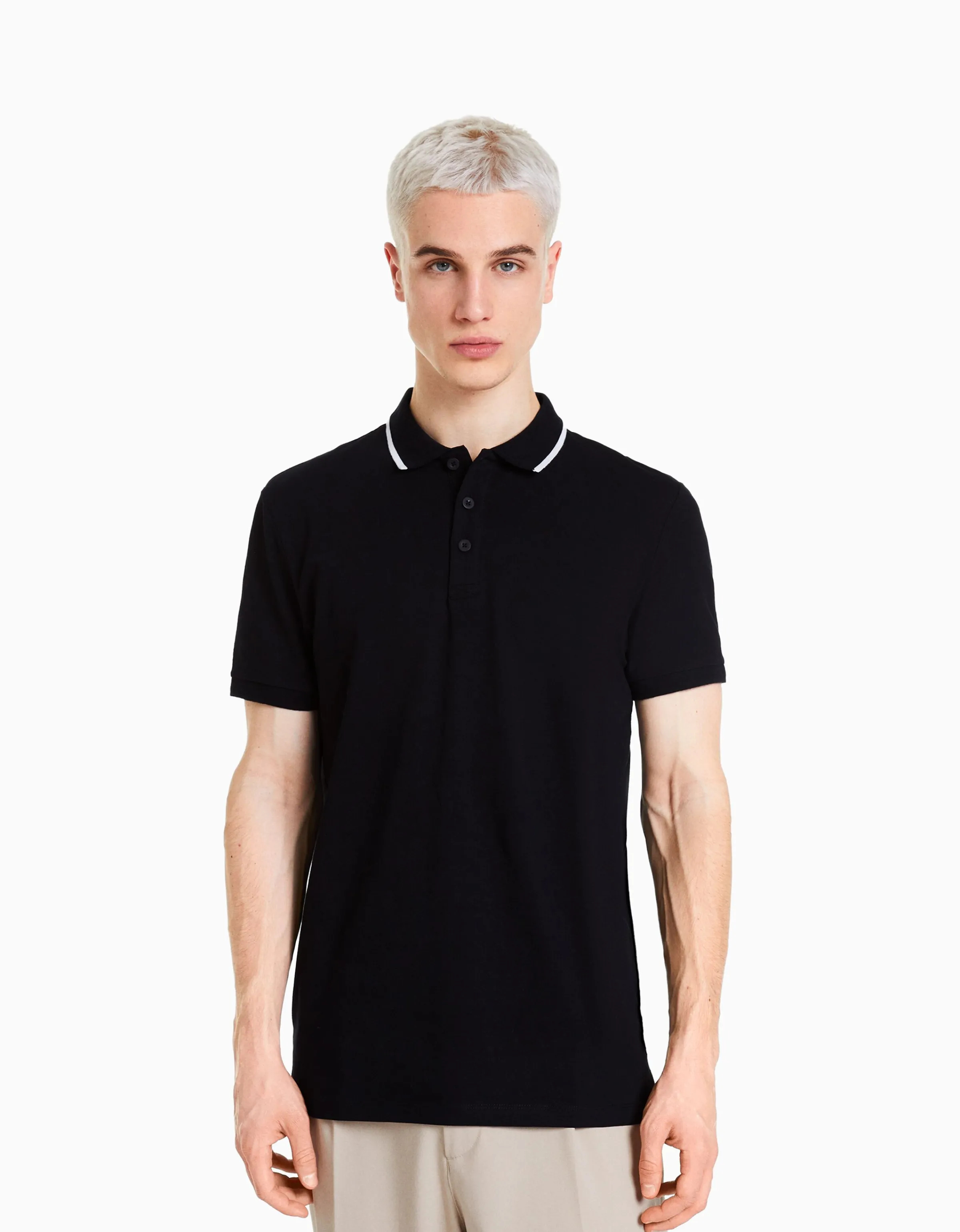BERSHKA Camiseta manga corta cuello polo bandas Blanco Sale