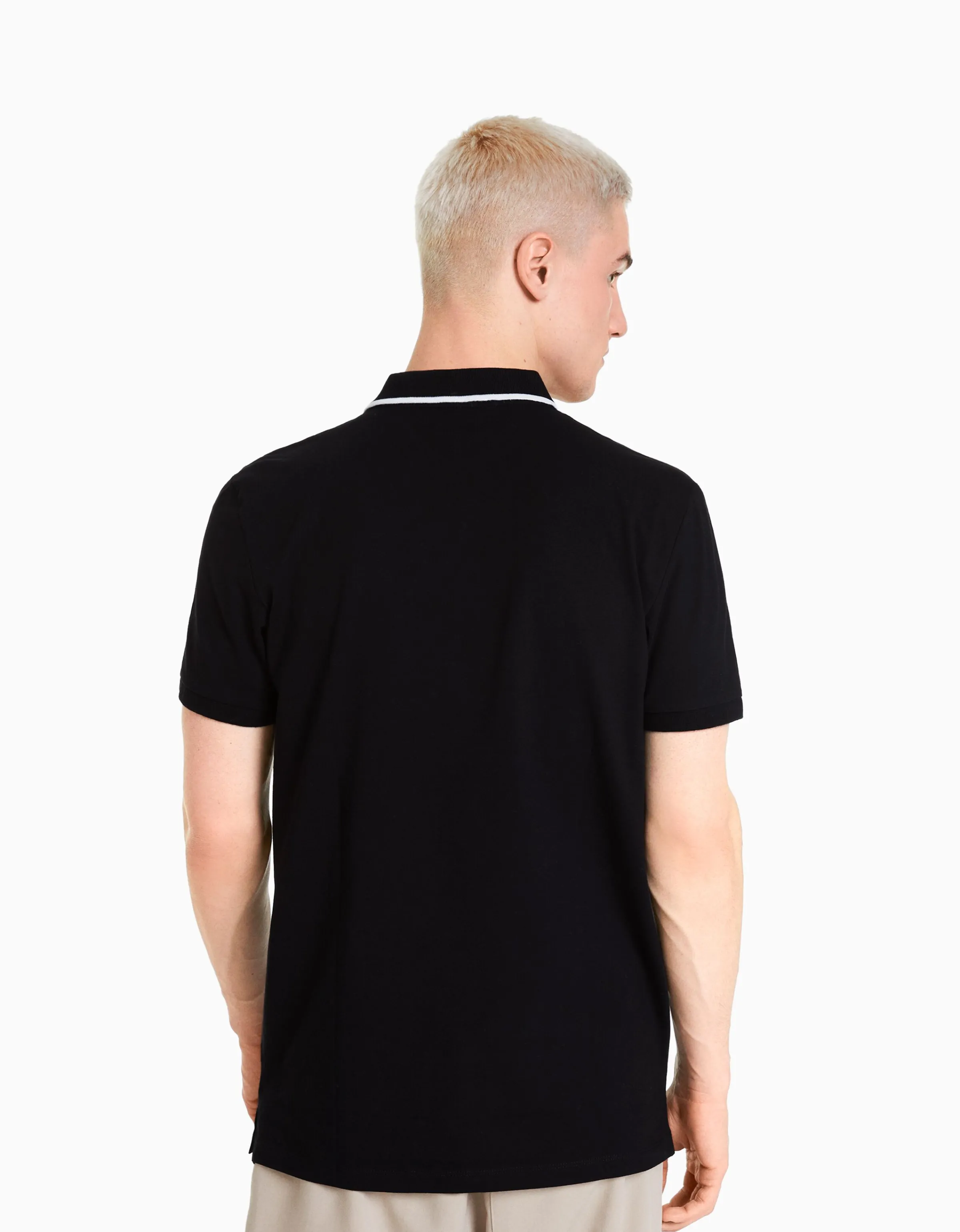 BERSHKA Camiseta manga corta cuello polo bandas Blanco Sale