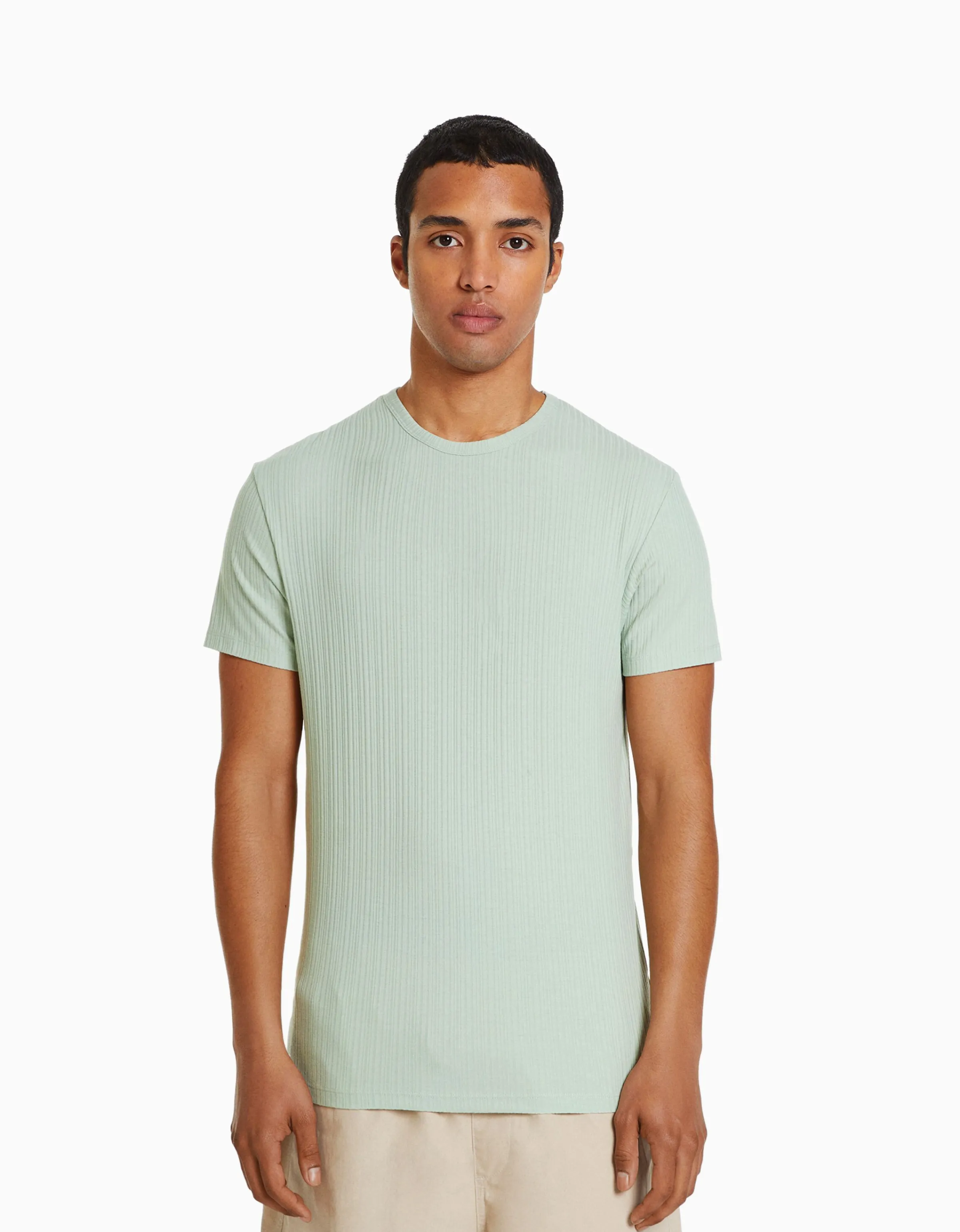 BERSHKA Camiseta manga corta muscle fit canalé Verde Cheap