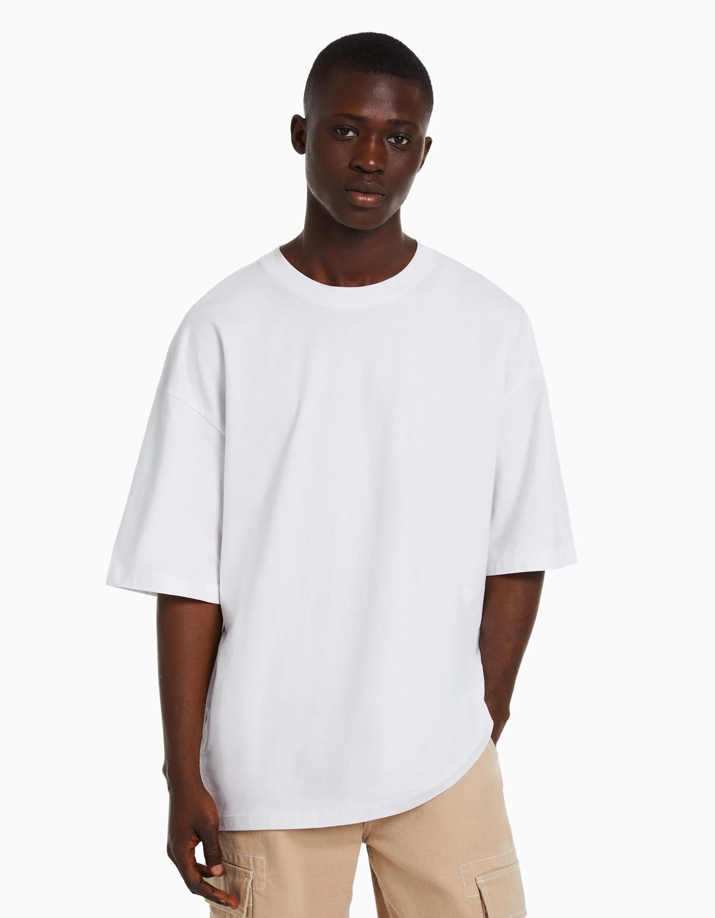 BERSHKA Camiseta manga corta oversize Blanco Discount