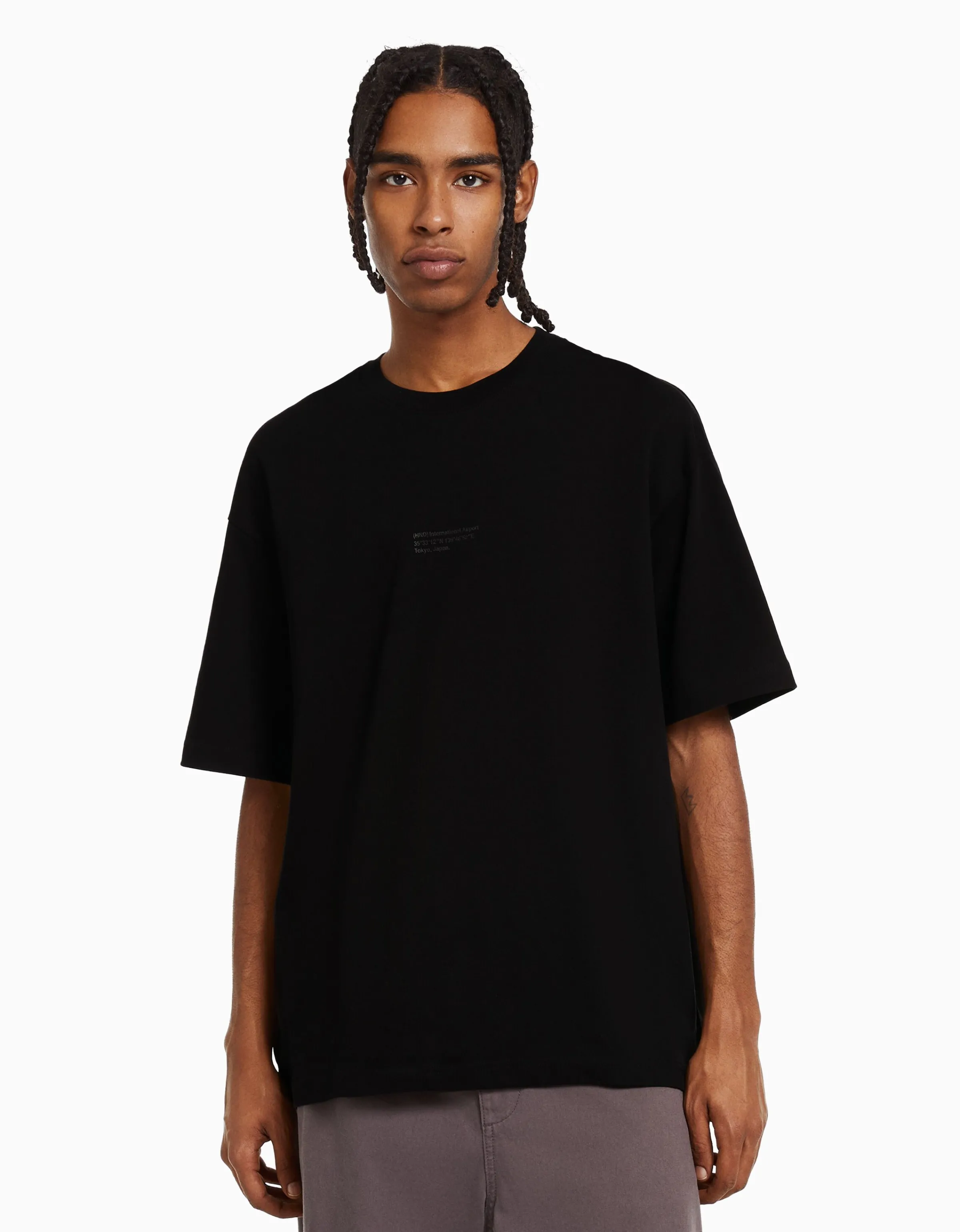 BERSHKA Camiseta manga corta oversize print Blanco Outlet