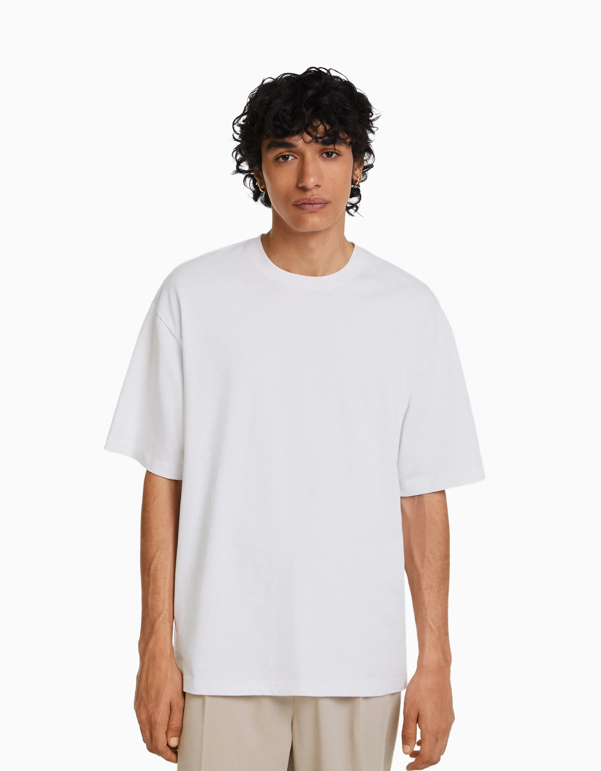 BERSHKA Camiseta manga corta oversize print Blanco Store