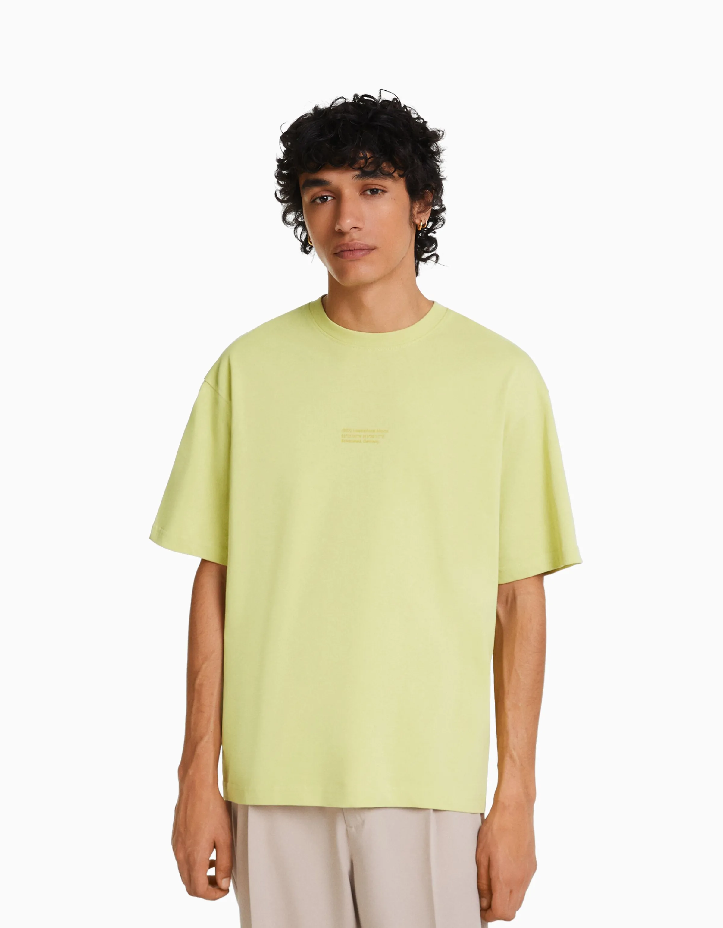 BERSHKA Camiseta manga corta oversize print Blanco Hot