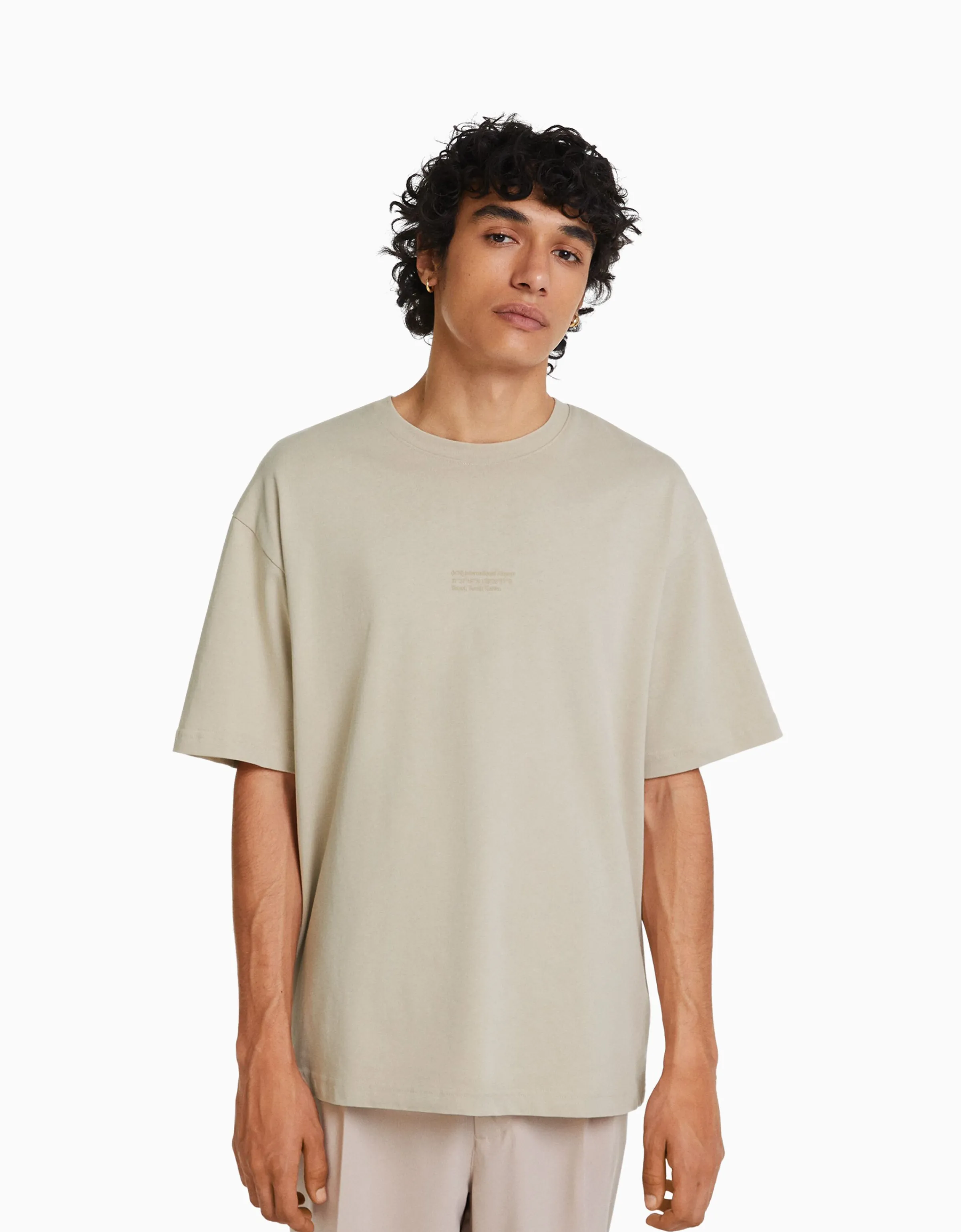 BERSHKA Camiseta manga corta oversize print Blanco Outlet