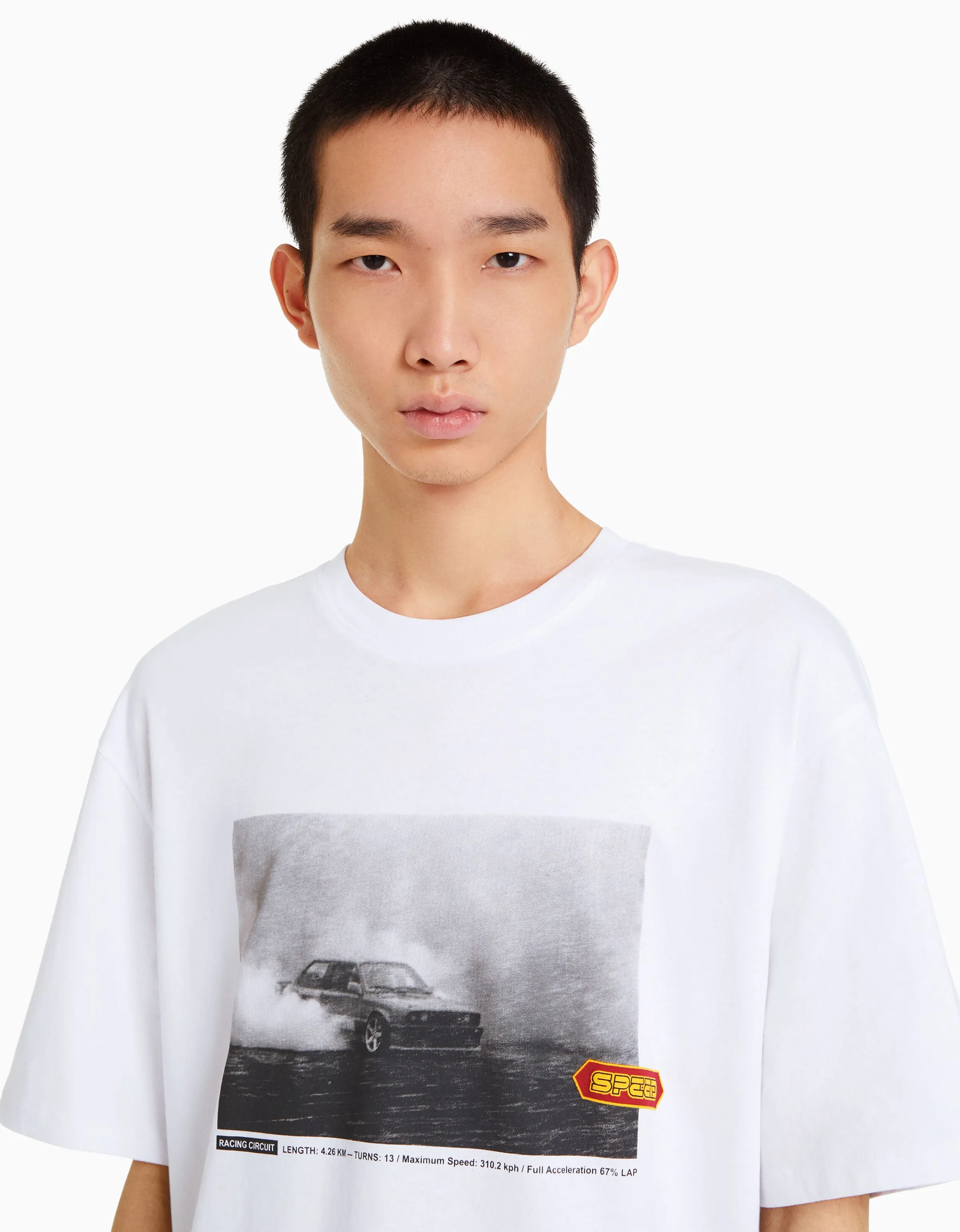 BERSHKA Camiseta manga corta oversize print racing Blanco Sale