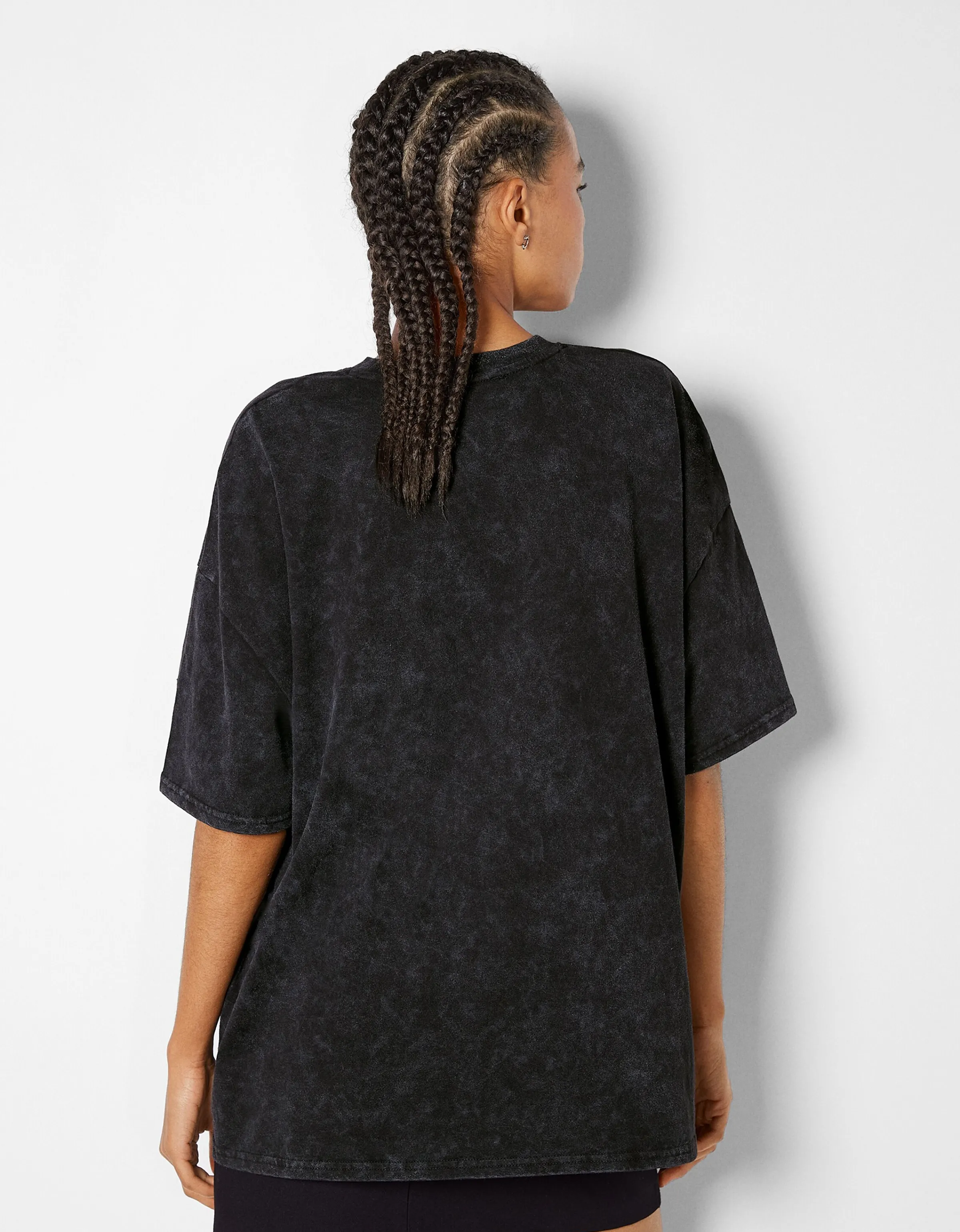 BERSHKA Camiseta manga corta print Negro New