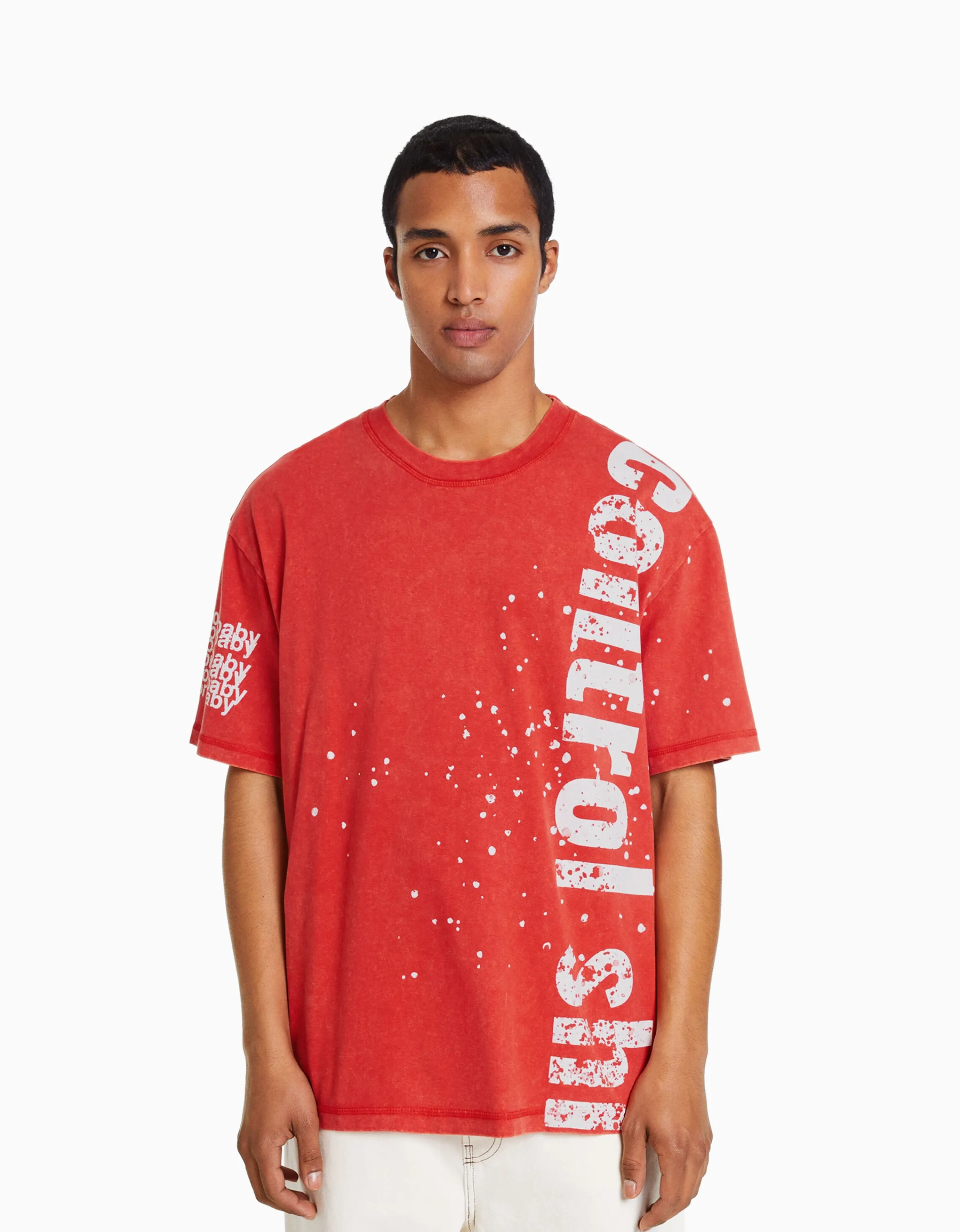 BERSHKA Camiseta manga corta print efecto lavado Rojo Flash Sale