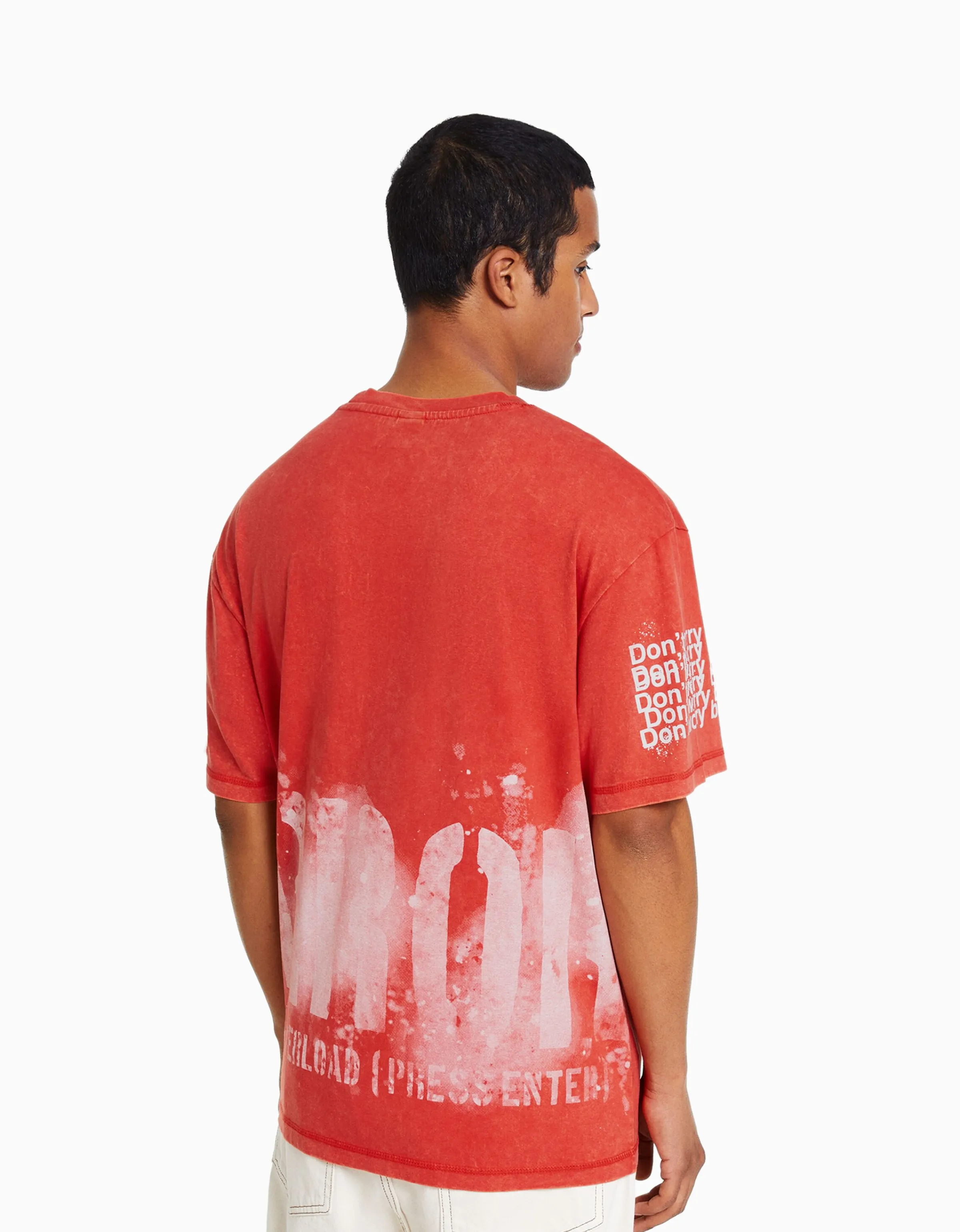 BERSHKA Camiseta manga corta print efecto lavado Rojo Flash Sale
