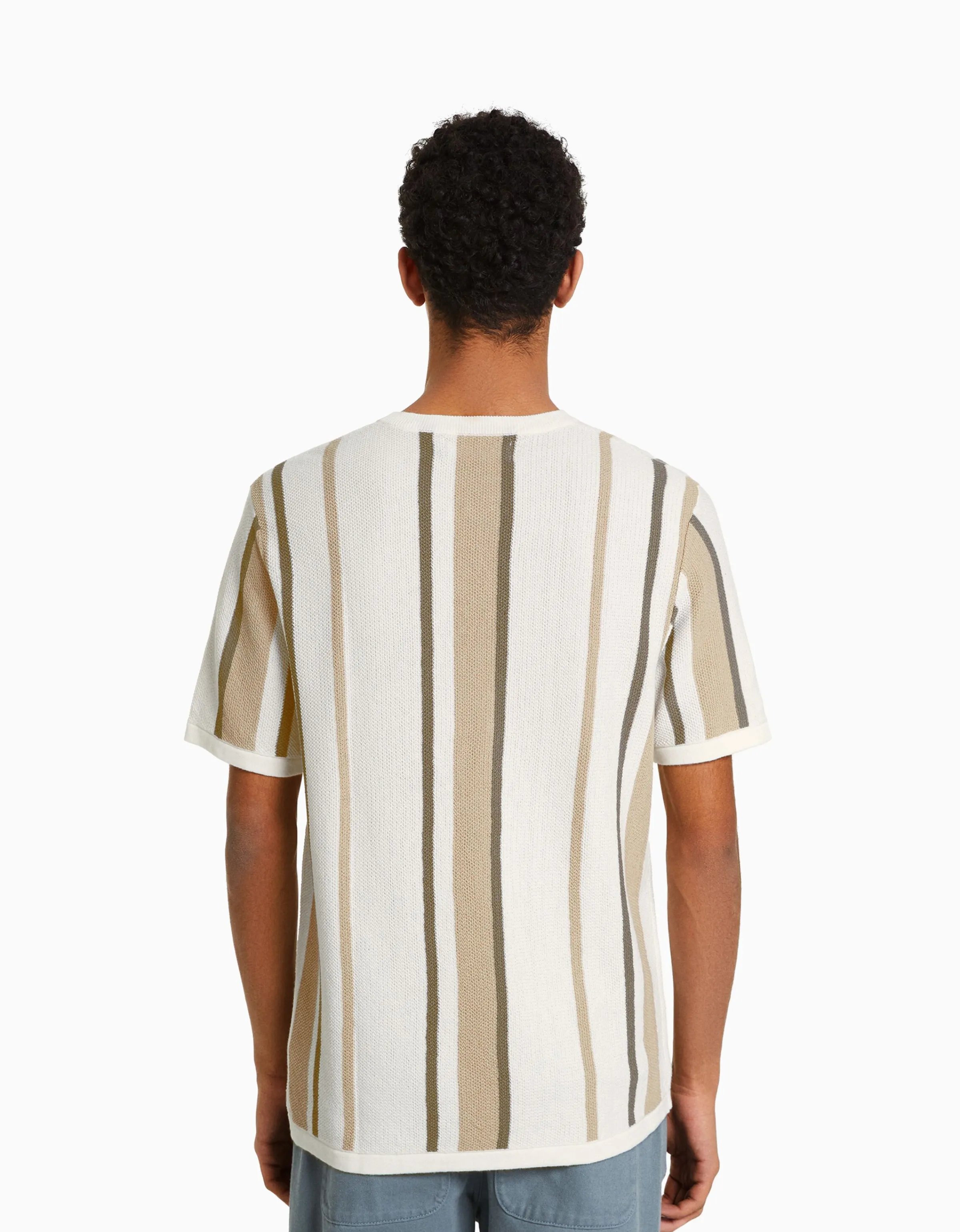 BERSHKA Camiseta manga corta print raya vertical Crudo Hot