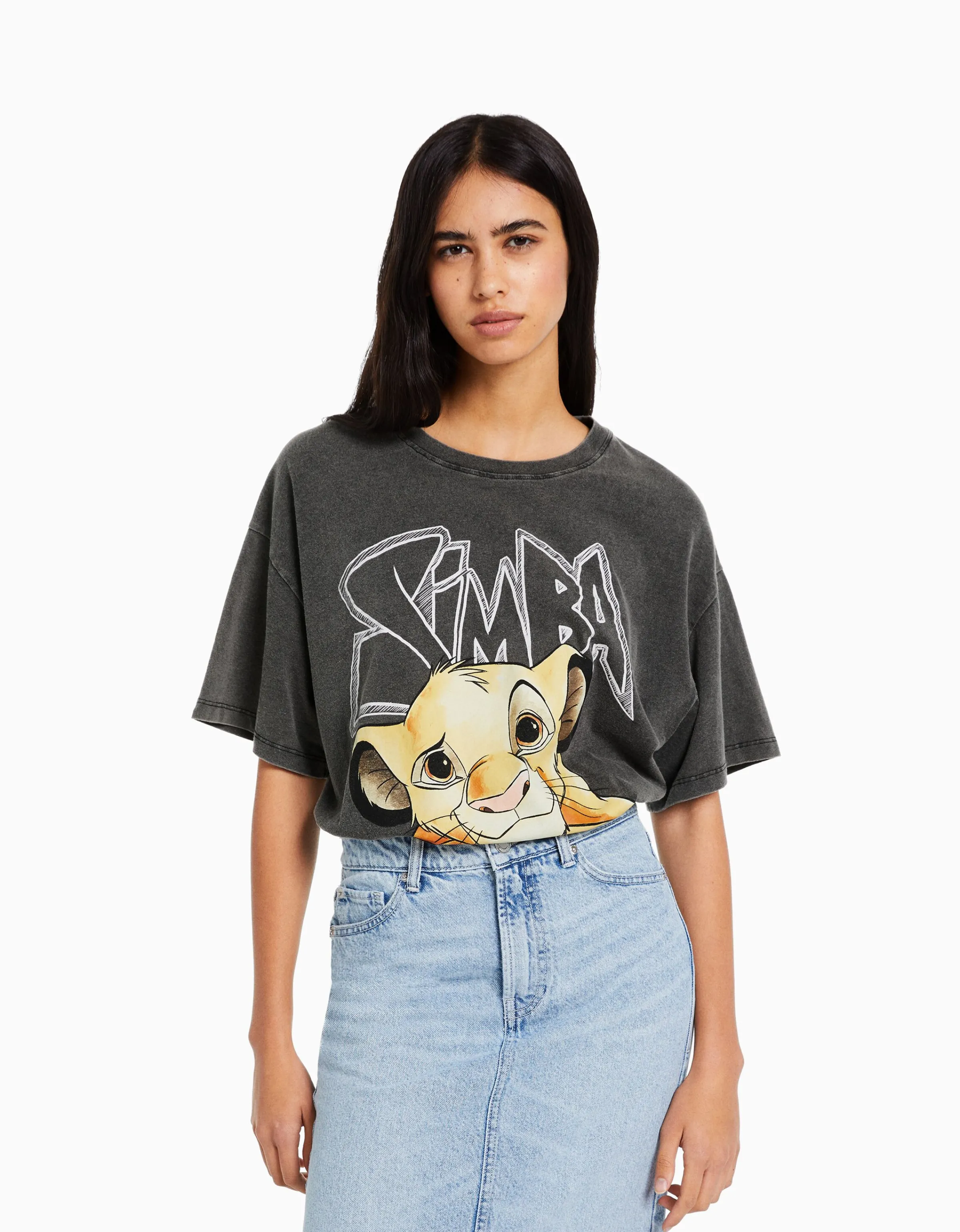 BERSHKA Camiseta manga corta print Simba Negro Flash Sale