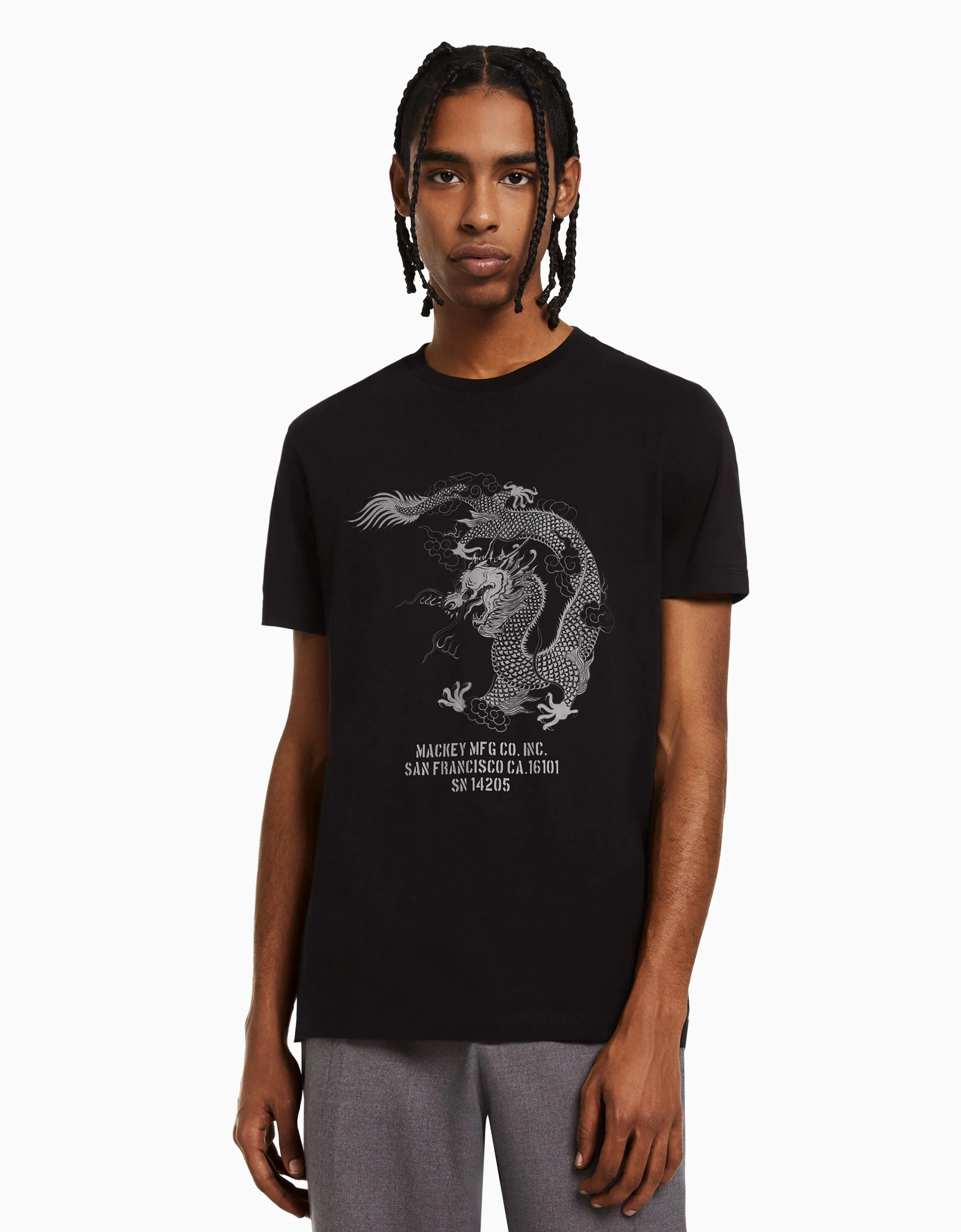 BERSHKA Camiseta manga corta regular fit print Blanco Cheap