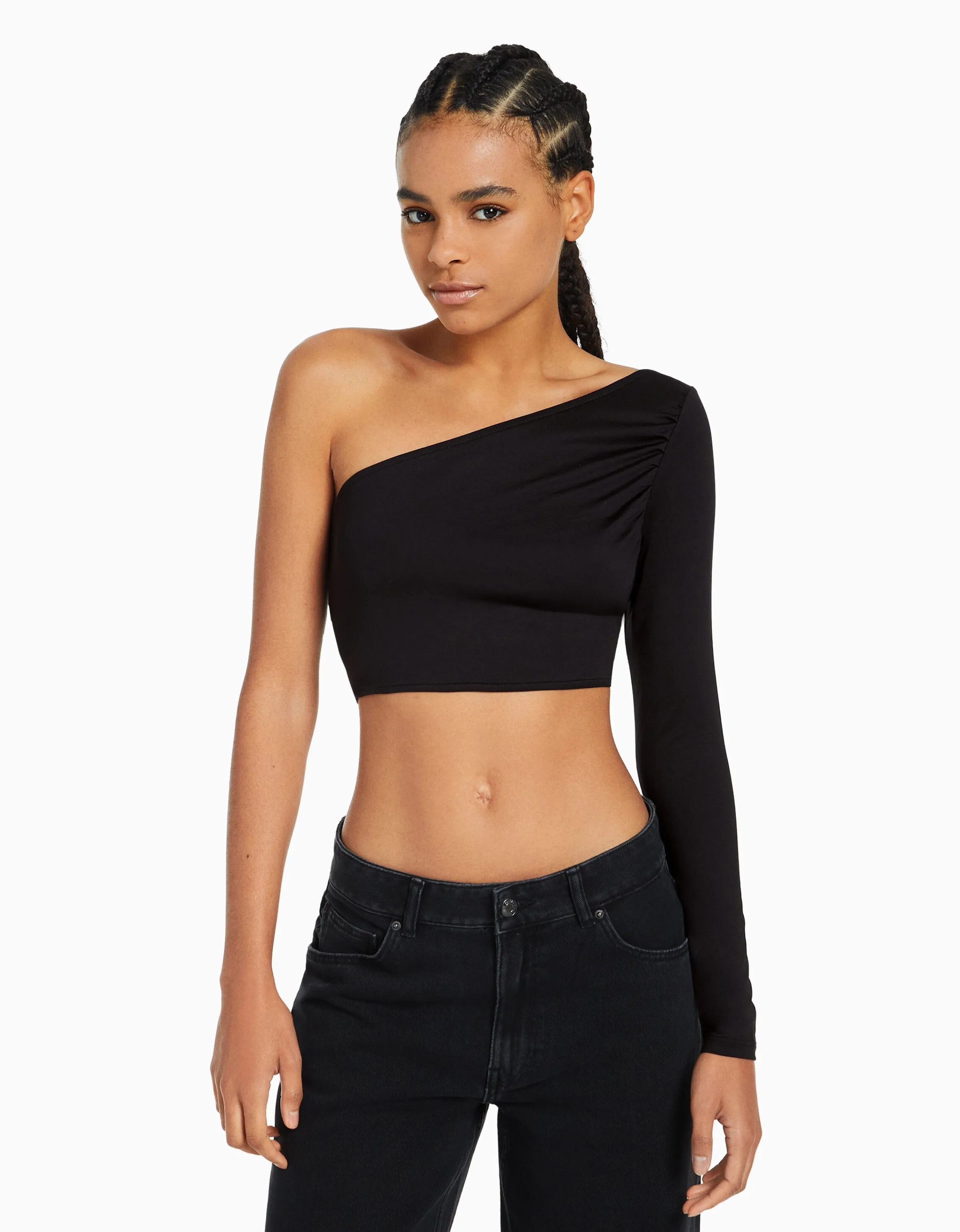 BERSHKA Camiseta manga larga asimétrica Negro New