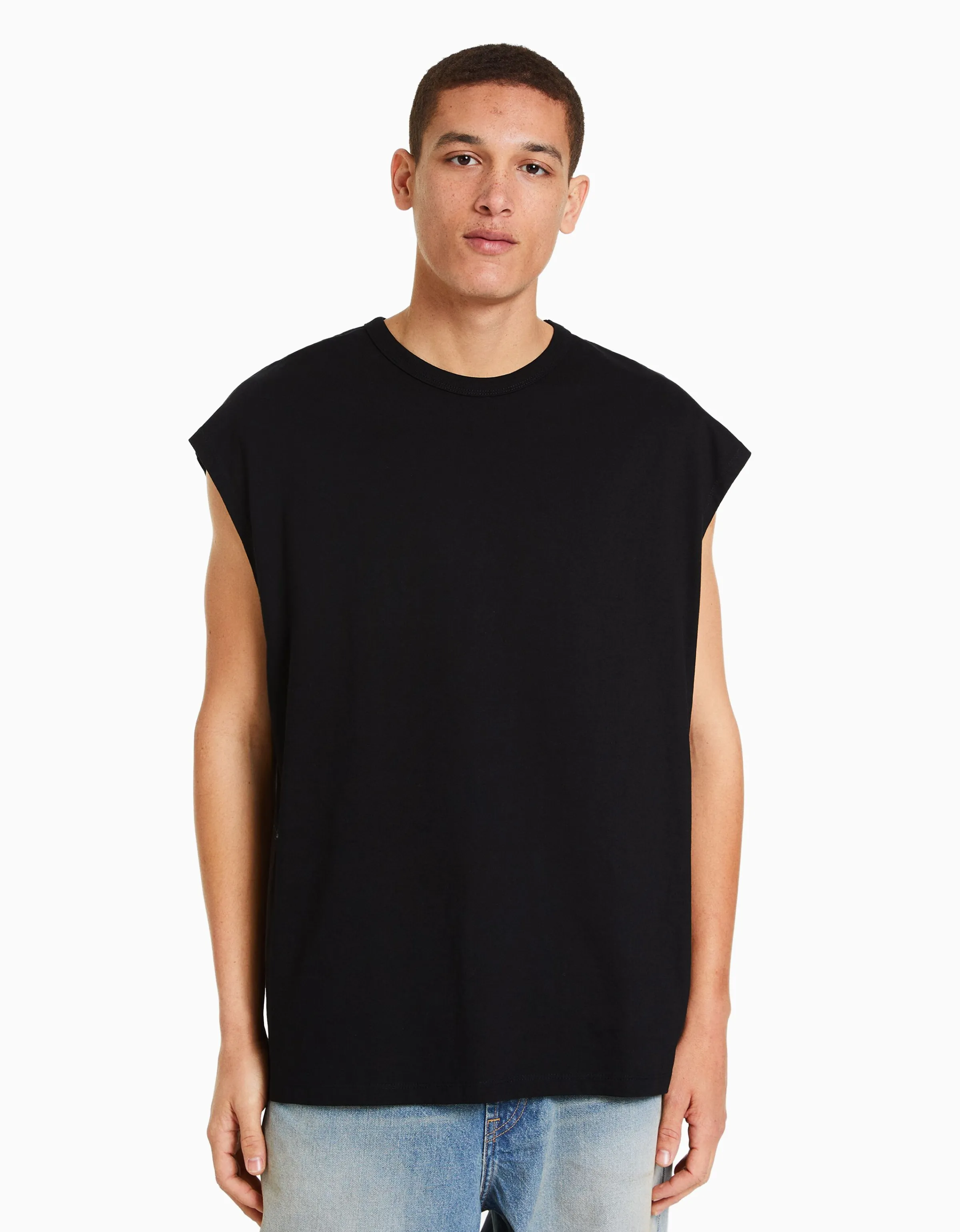 BERSHKA Camiseta sin mangas oversize Negro Discount