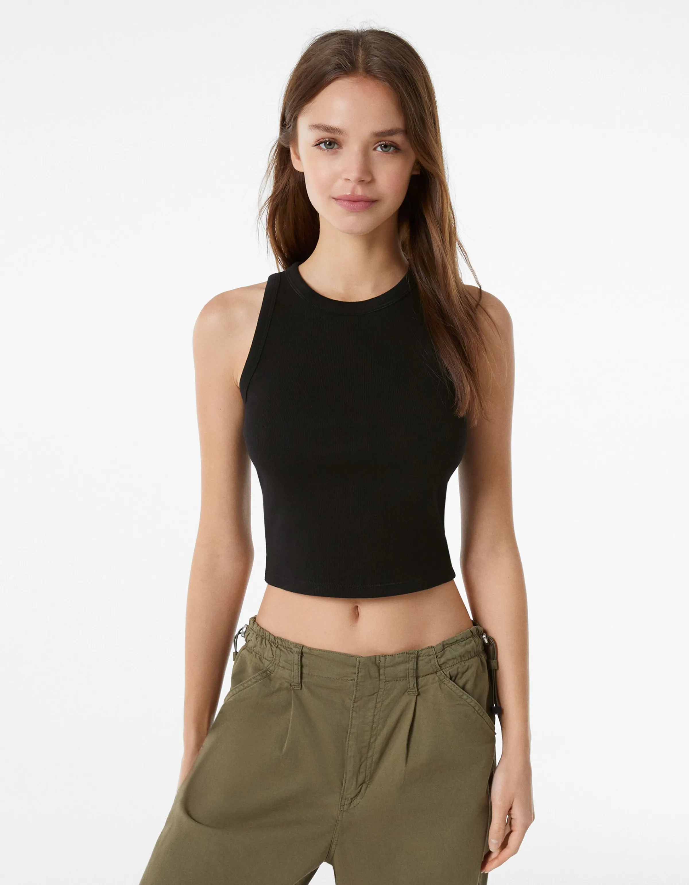 BERSHKA Camiseta sin mangas rib Negro Hot