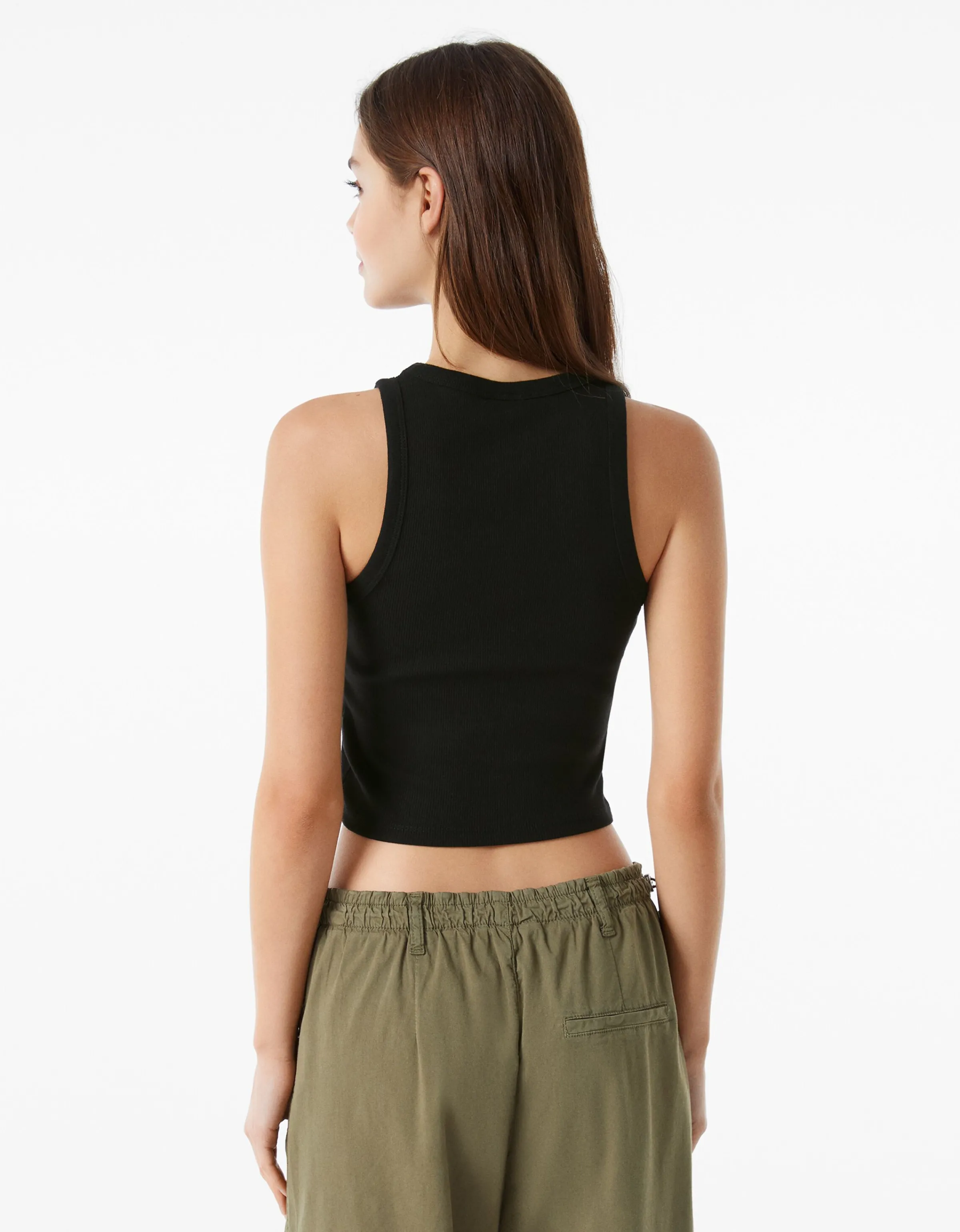 BERSHKA Camiseta sin mangas rib Negro Hot