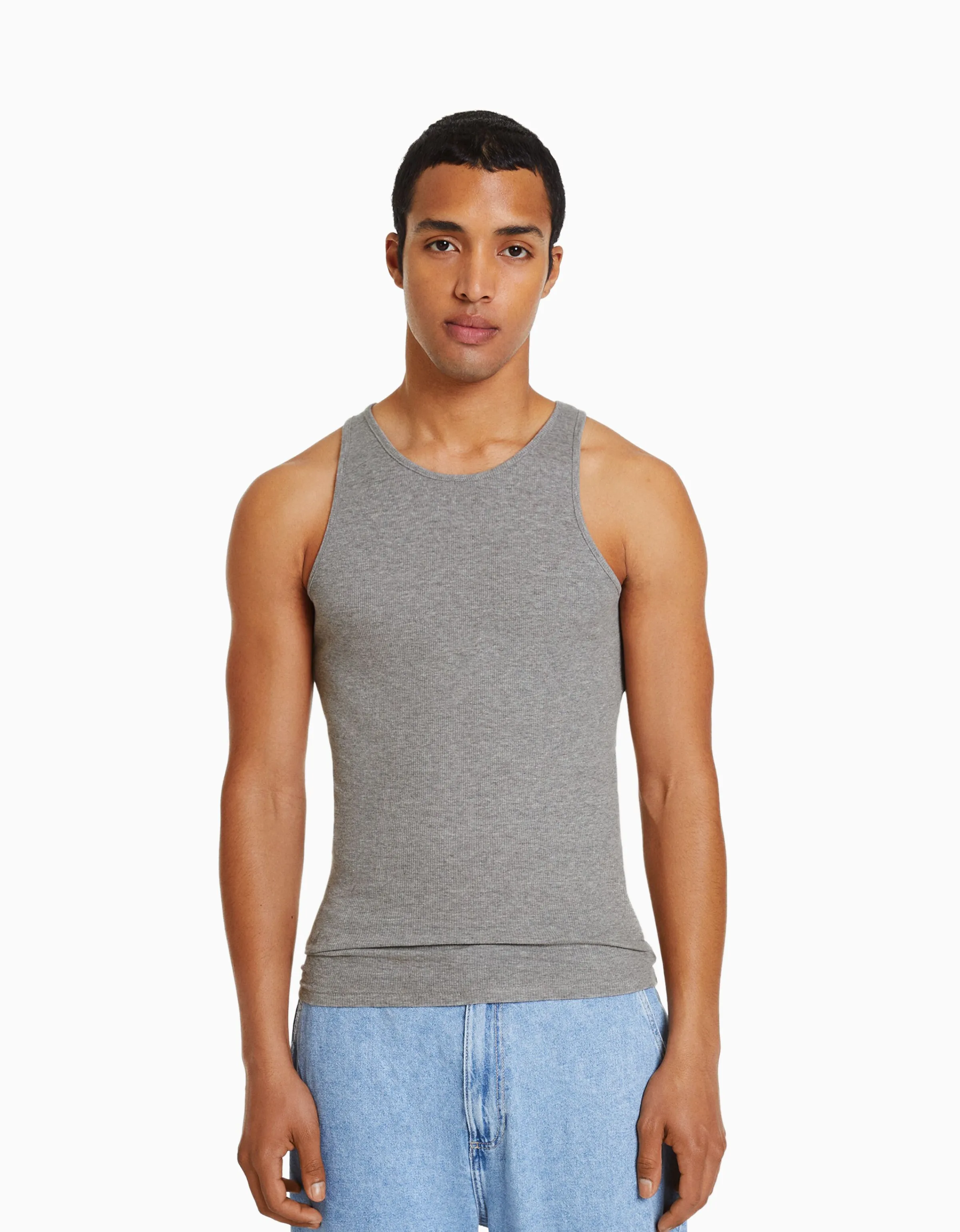 BERSHKA Camiseta tirantes rib Gris Fashion
