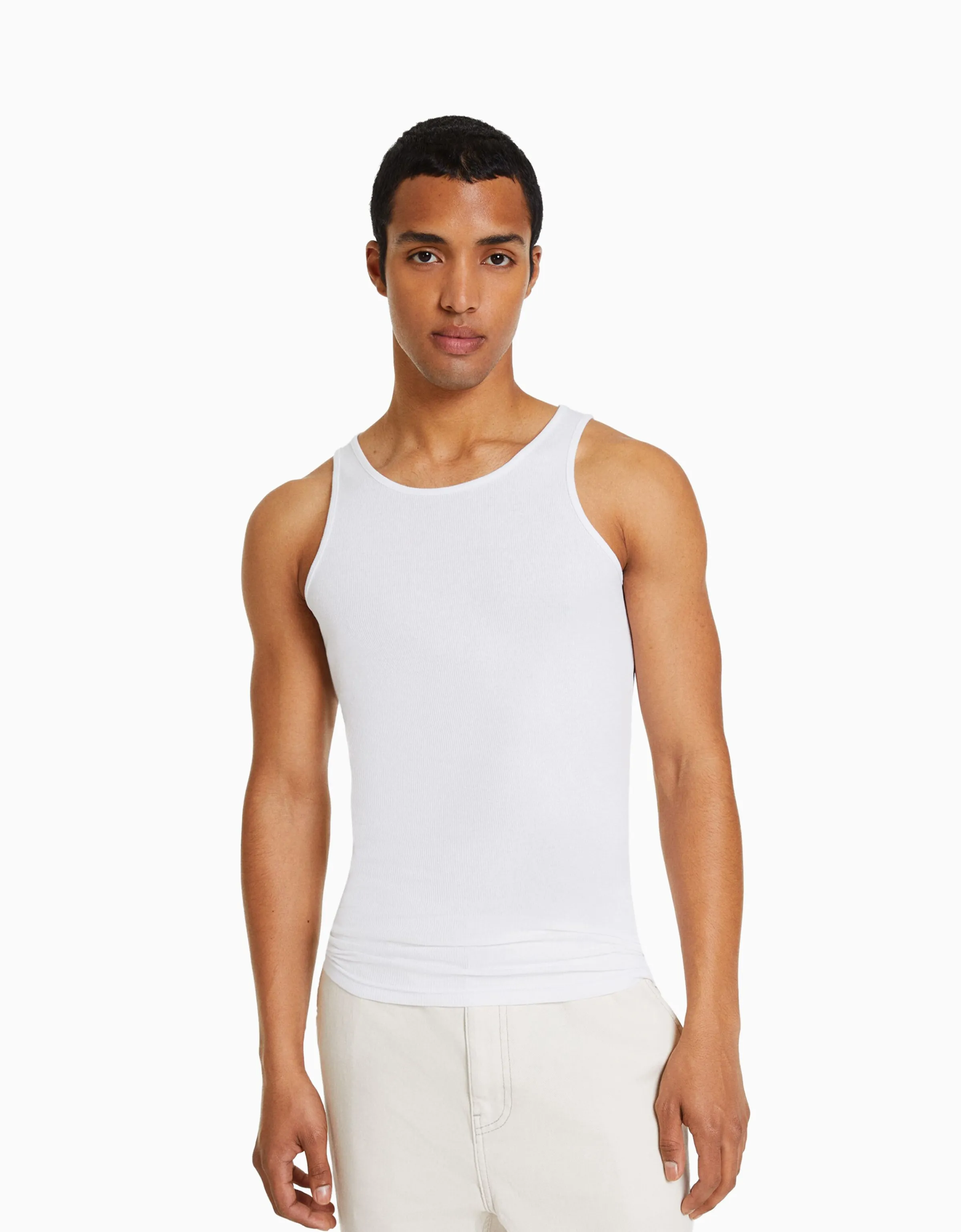 BERSHKA Camiseta tirantes rib Blanco Hot