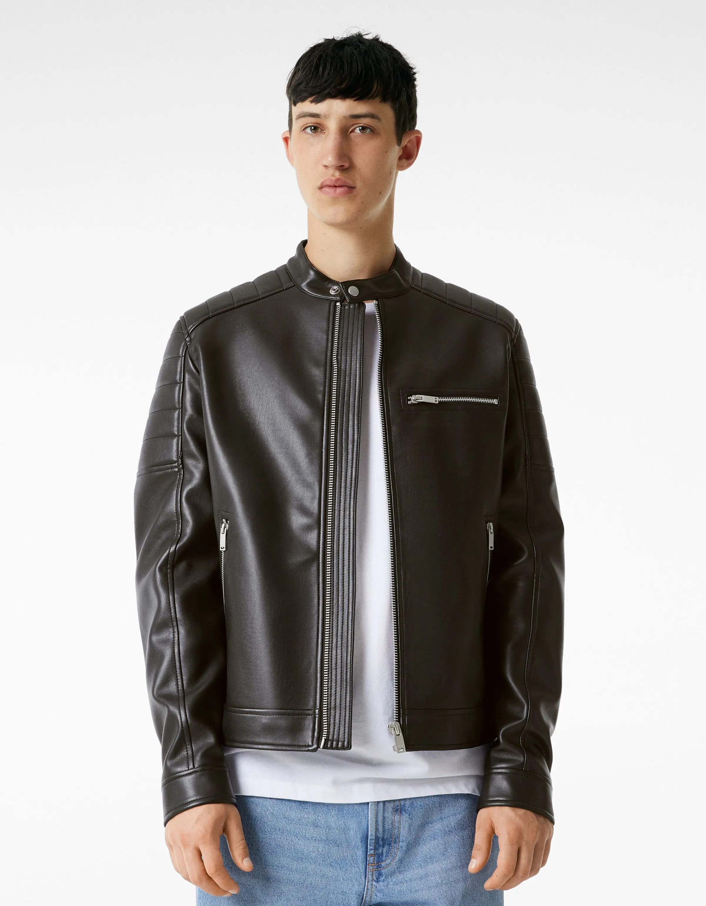BERSHKA Cazadora biker efecto piel Negro New