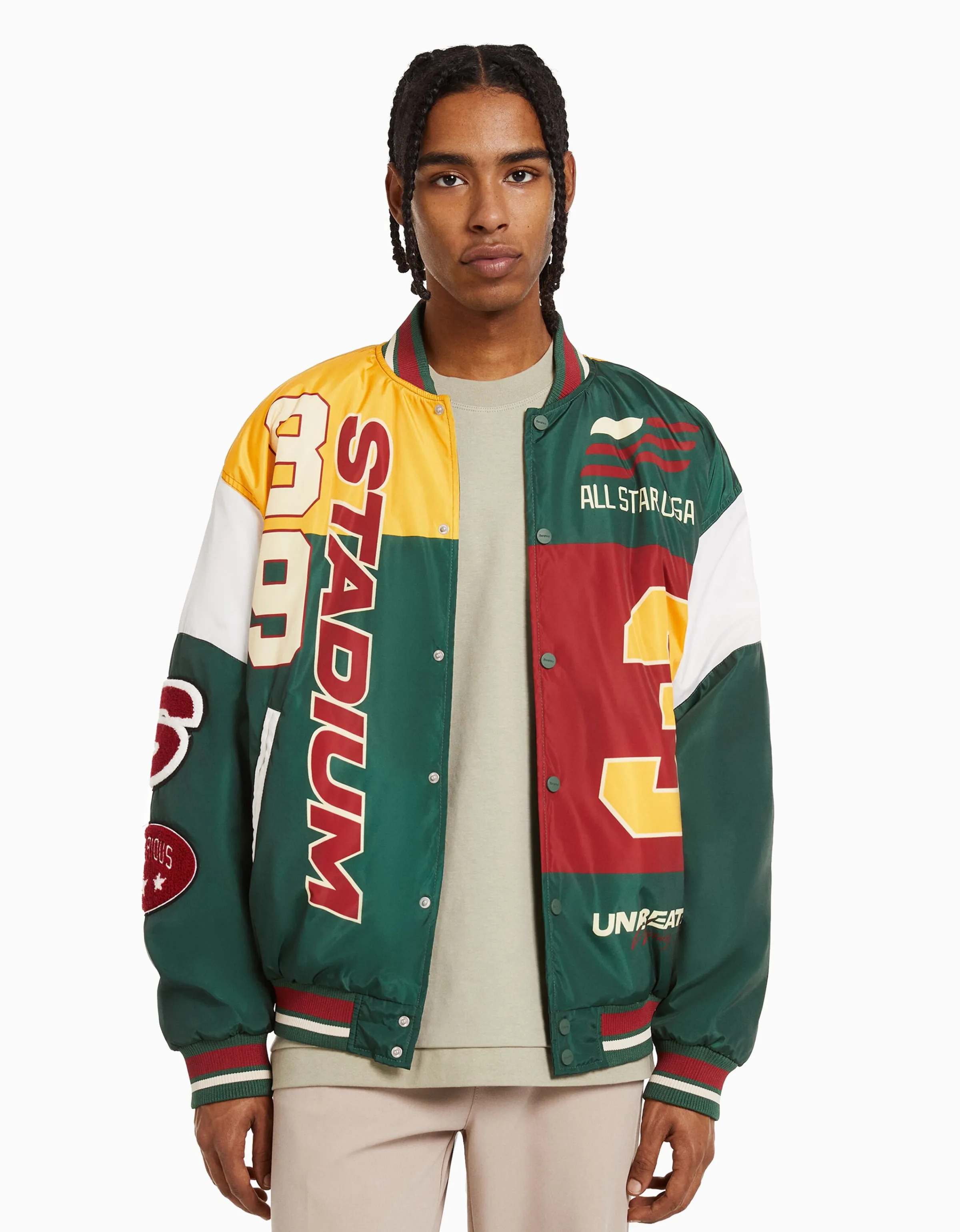 BERSHKA Cazadora bomber acolchada print Verde Online