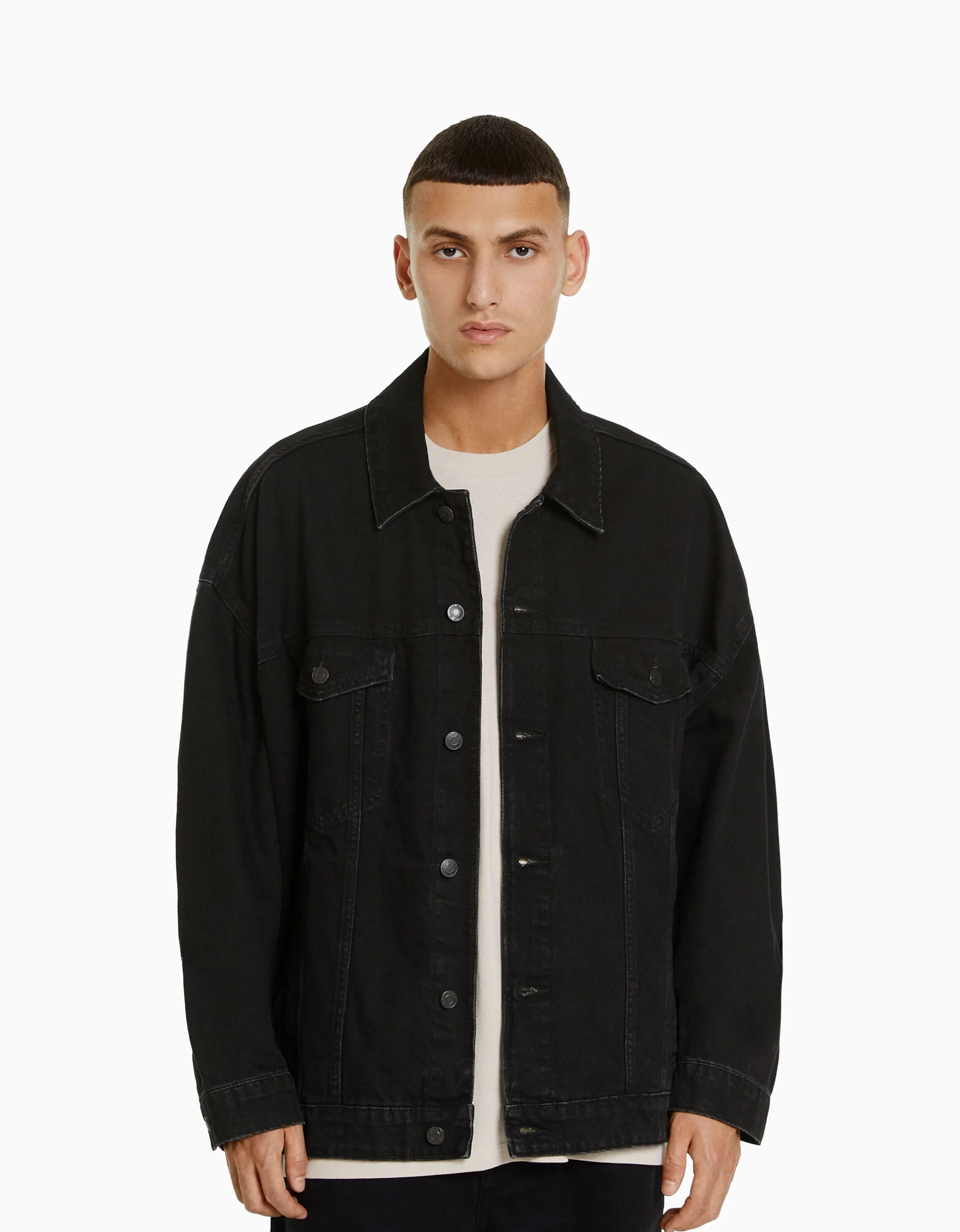 BERSHKA Cazadora denim oversize Negro New