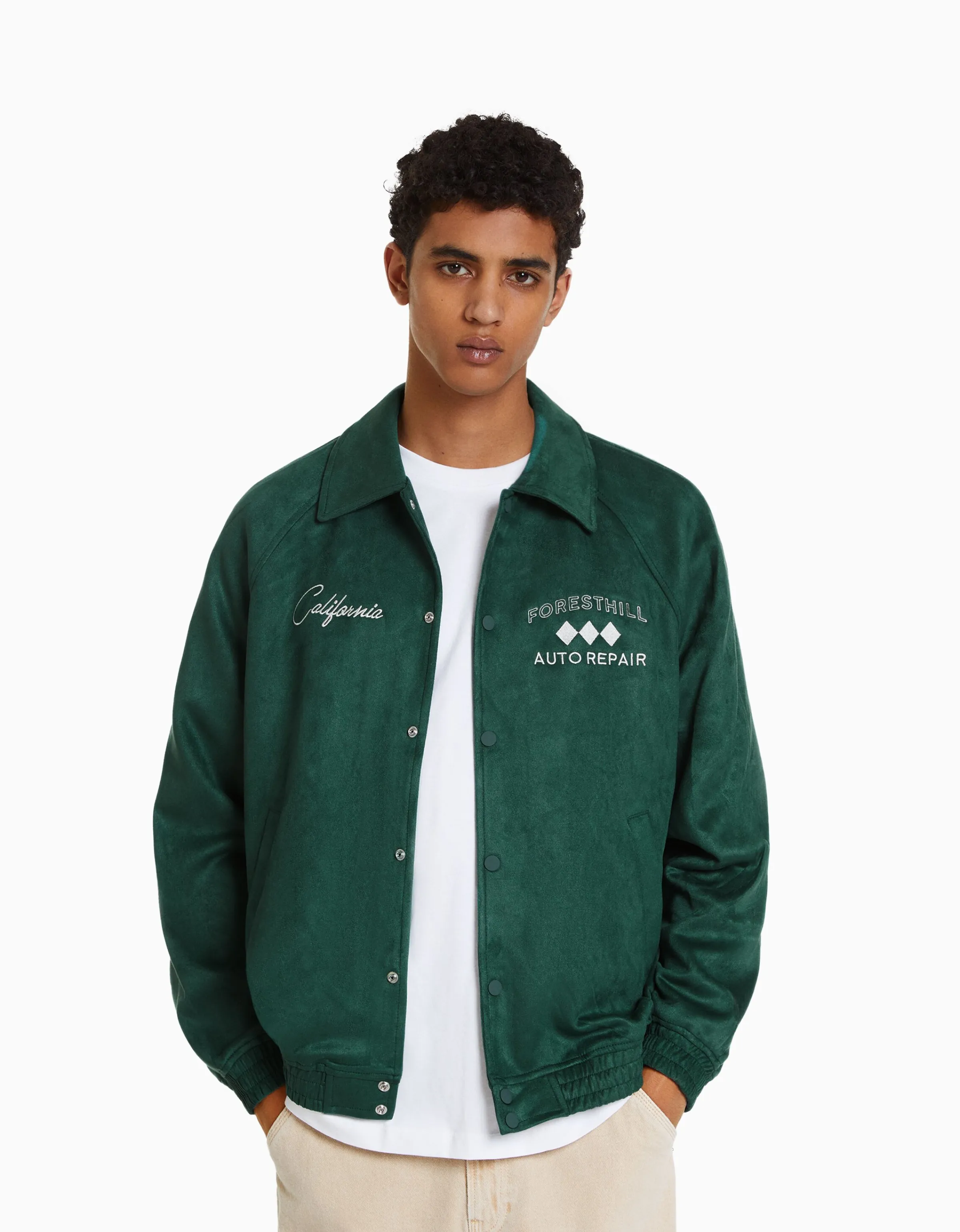 BERSHKA Cazadora efecto ante bordado Verde Flash Sale
