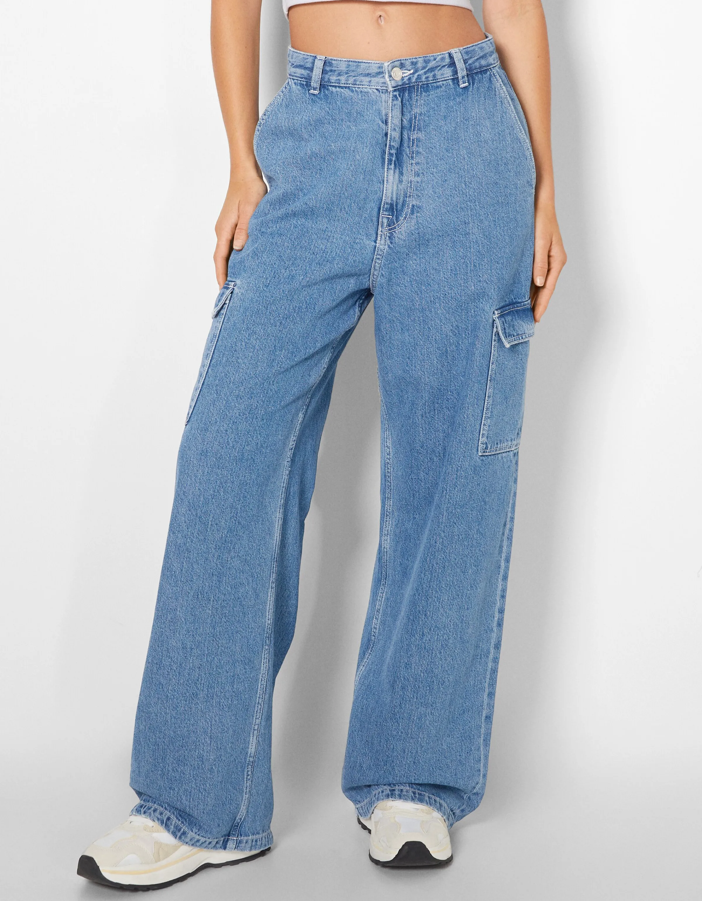 BERSHKA Jeans cargo wide Kaki Outlet