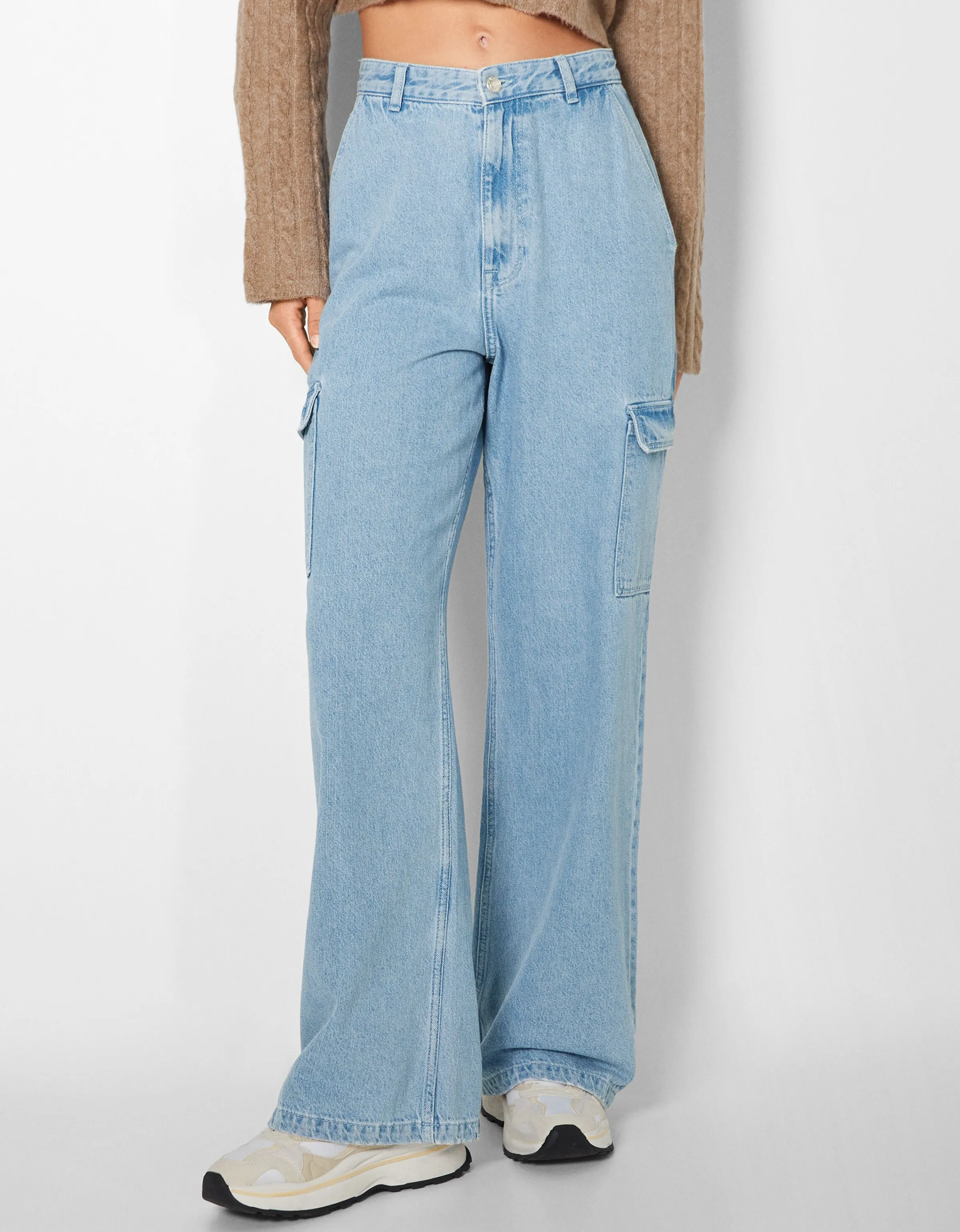 BERSHKA Jeans cargo wide Kaki Cheap