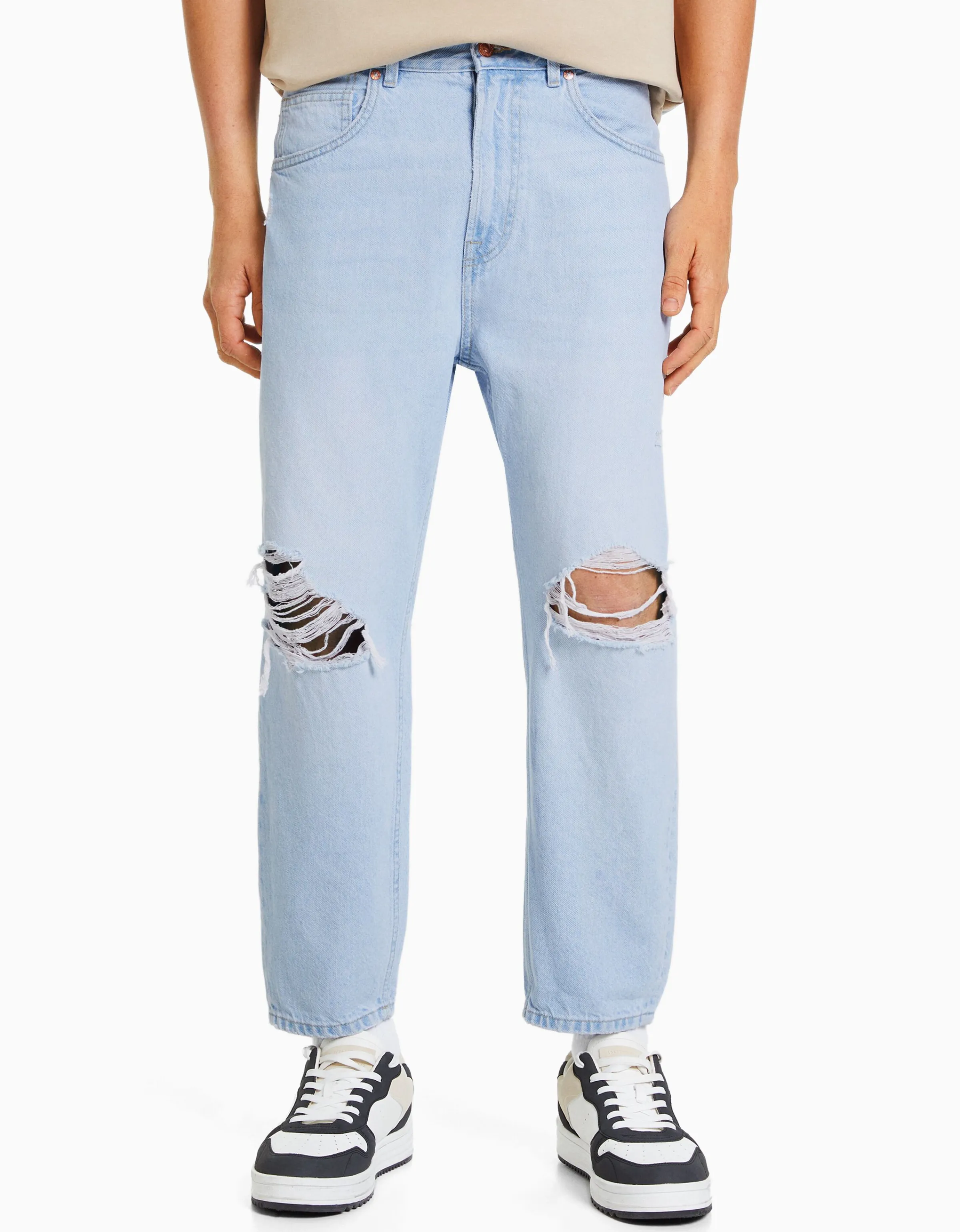 BERSHKA Jeans loose rotos Blanco Discount