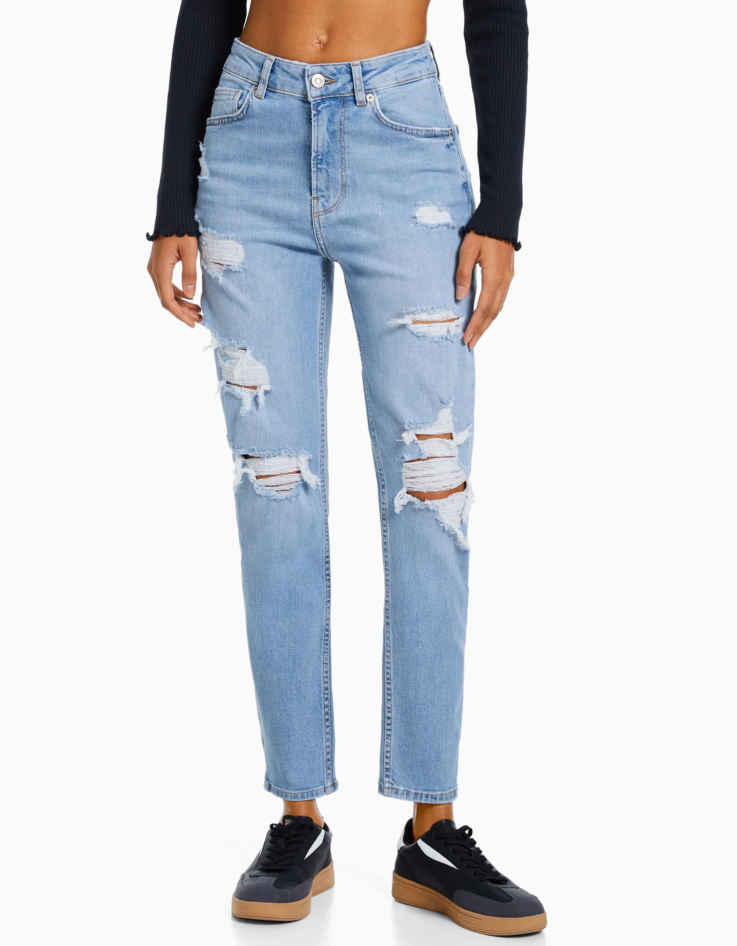 BERSHKA Jeans mom confort rotos Azul Clearance