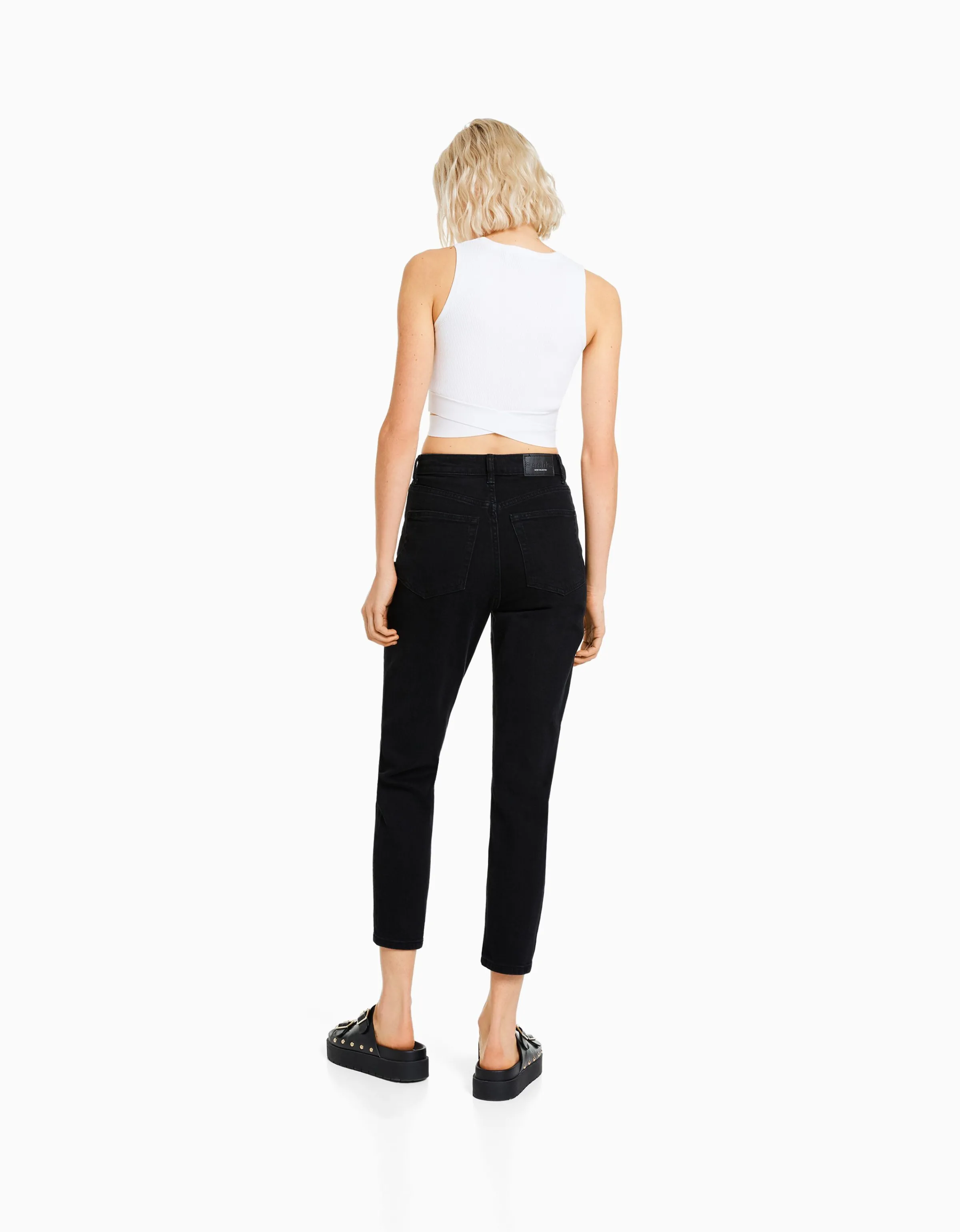 BERSHKA Jeans mom slim confort Azul lavado Best