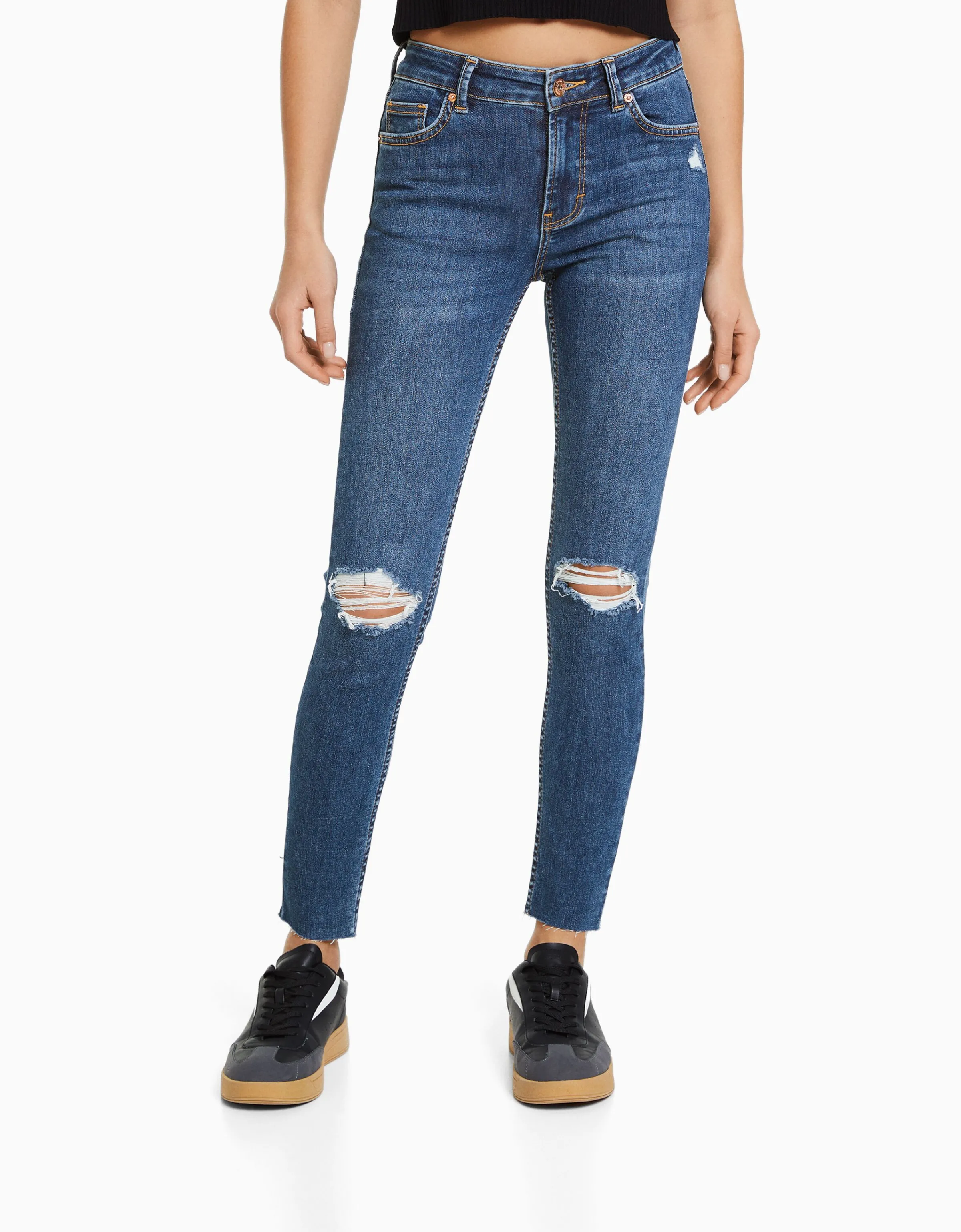 BERSHKA Jeans skinny vintage tiro bajo Azul Best Sale