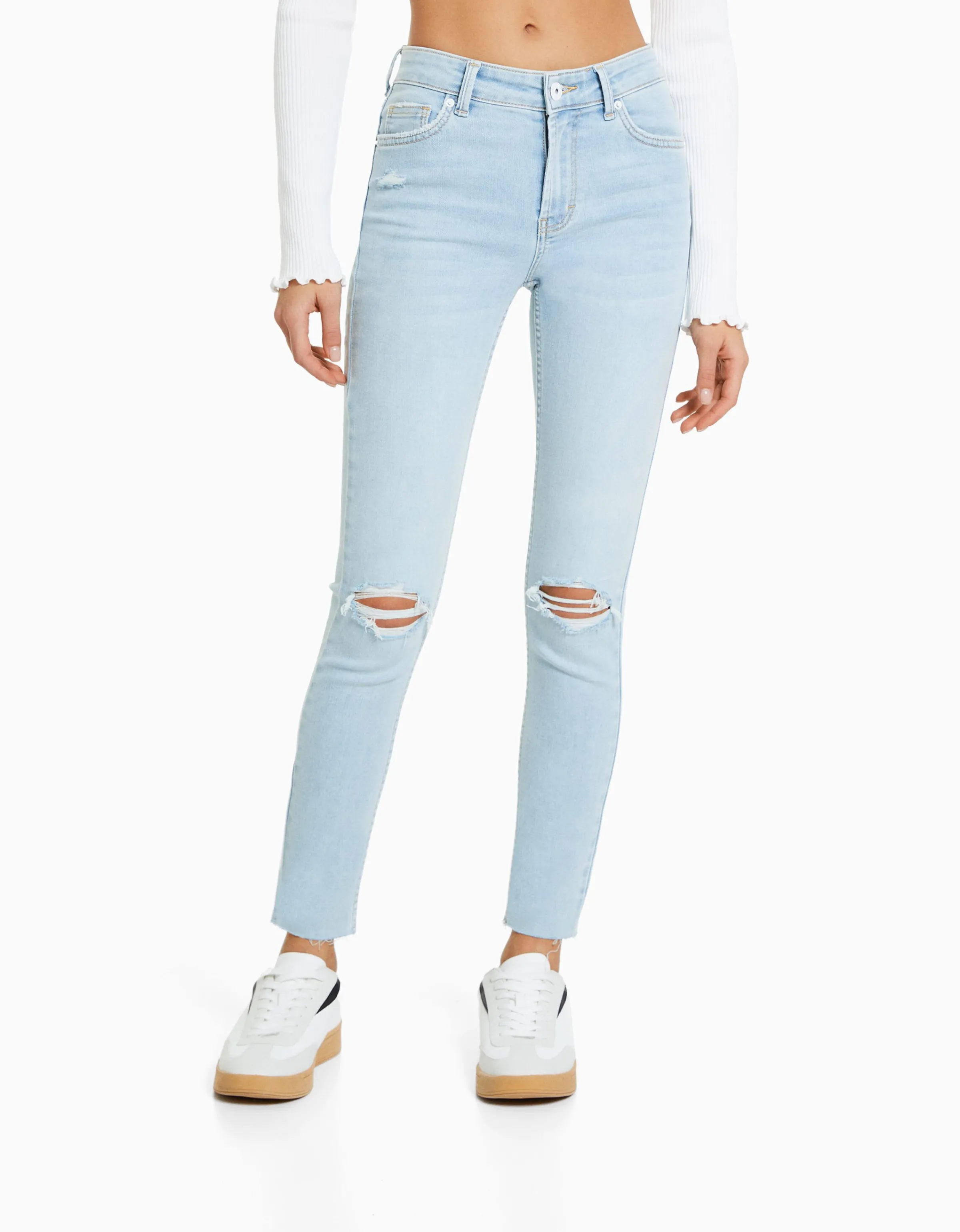 BERSHKA Jeans skinny vintage tiro bajo Azul Shop