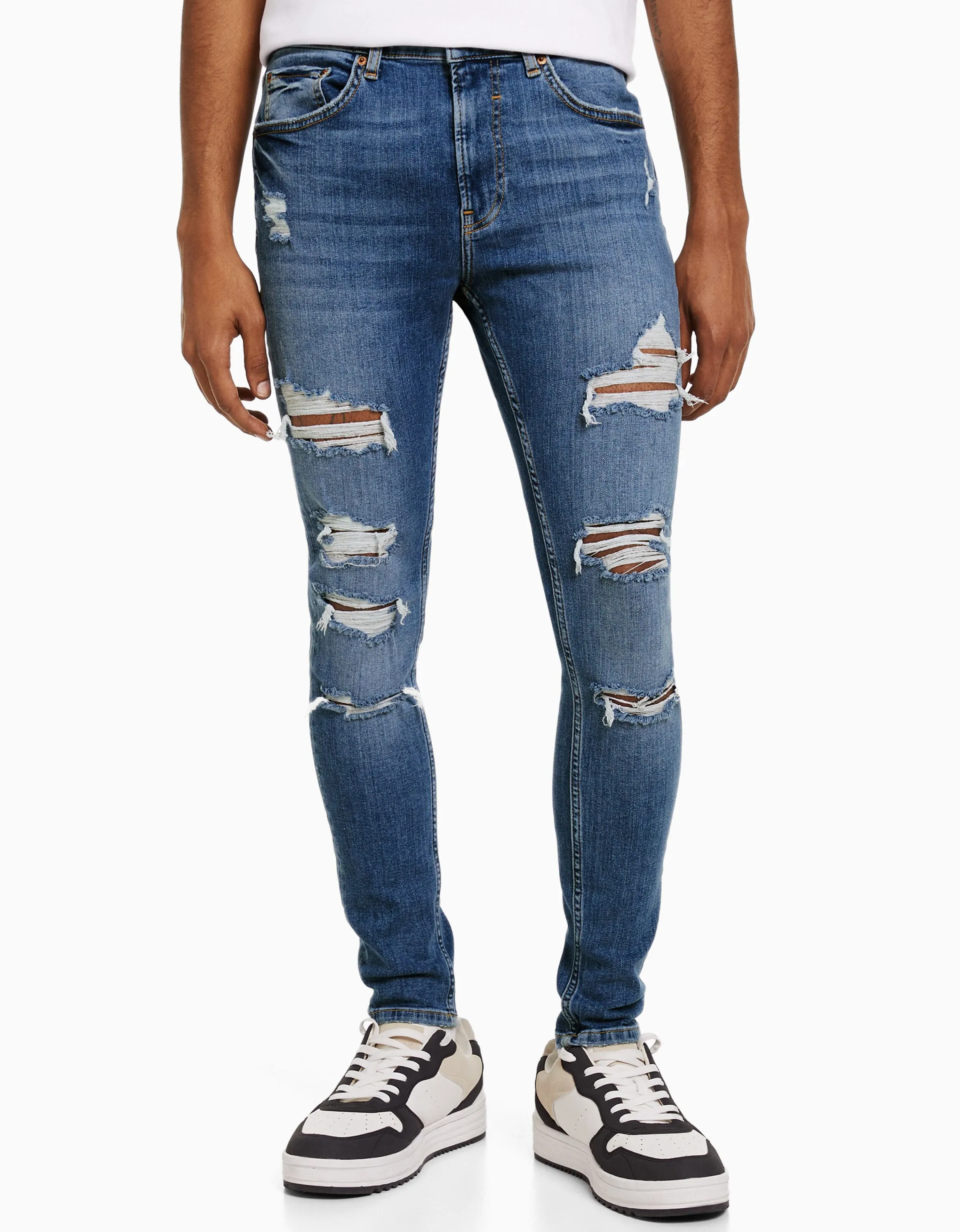 BERSHKA Jeans super skinny rotos Azul Cheap