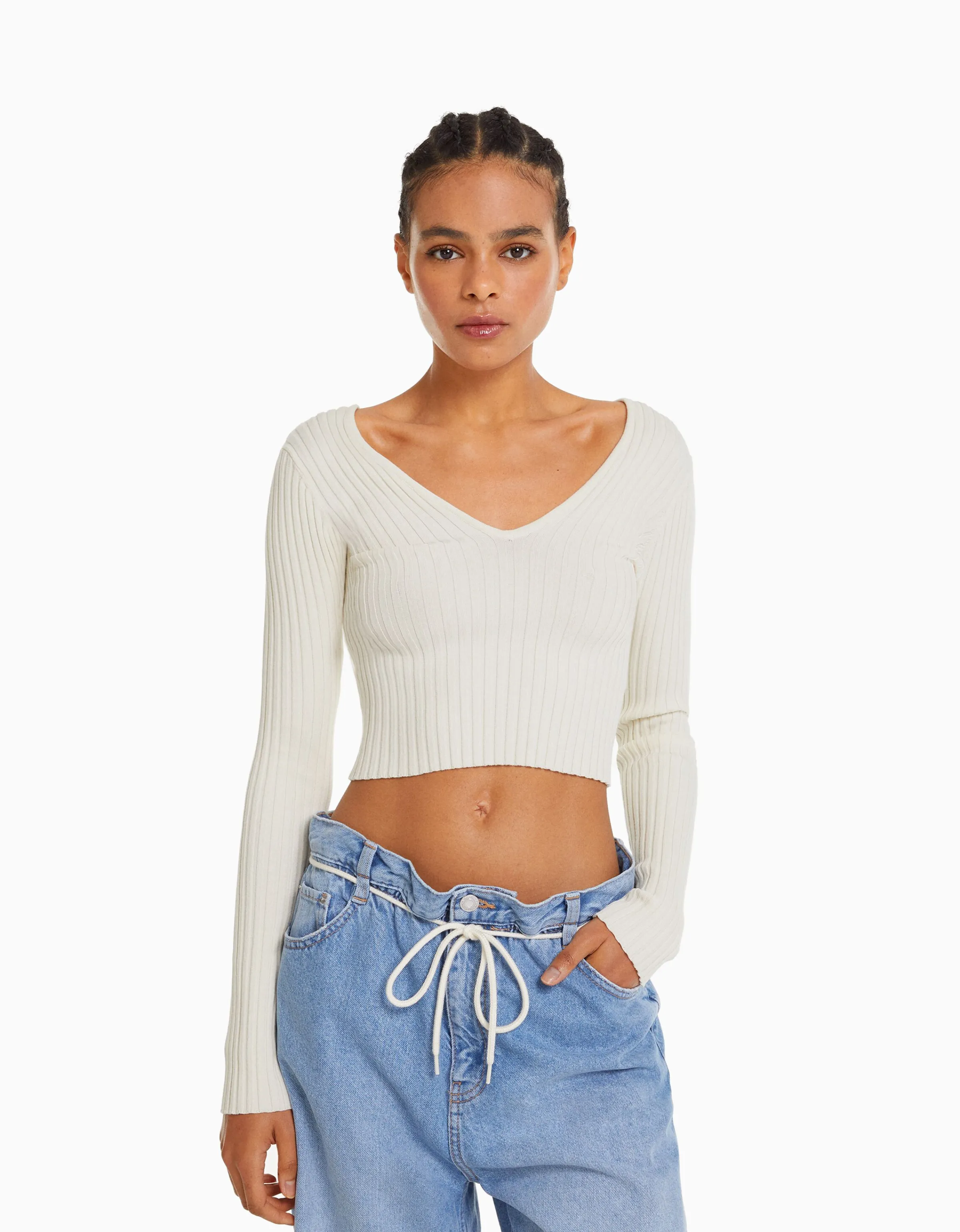 BERSHKA Jersey cuello pico rib Naranja Shop