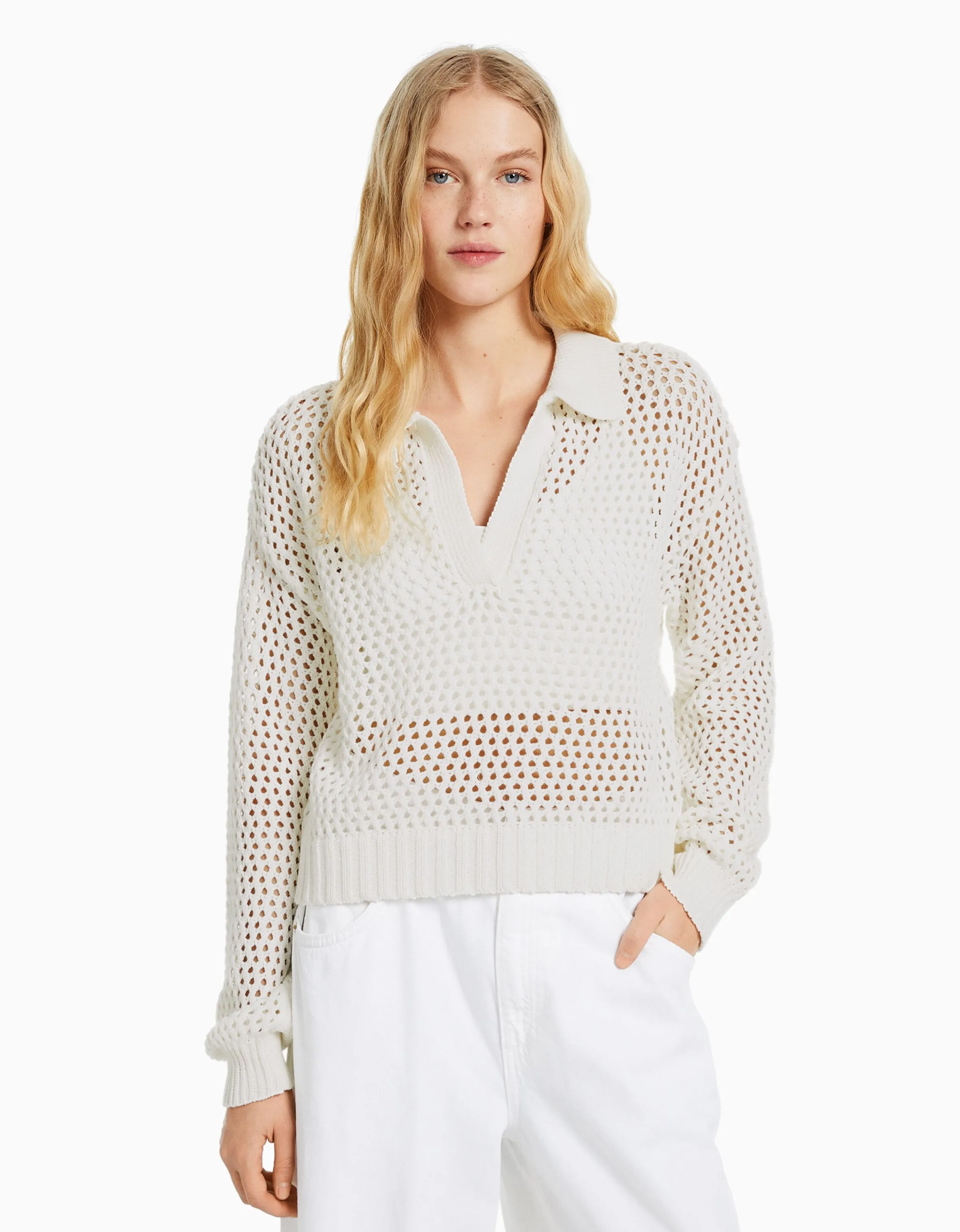 BERSHKA Jersey cuello polo red Crudo Clearance
