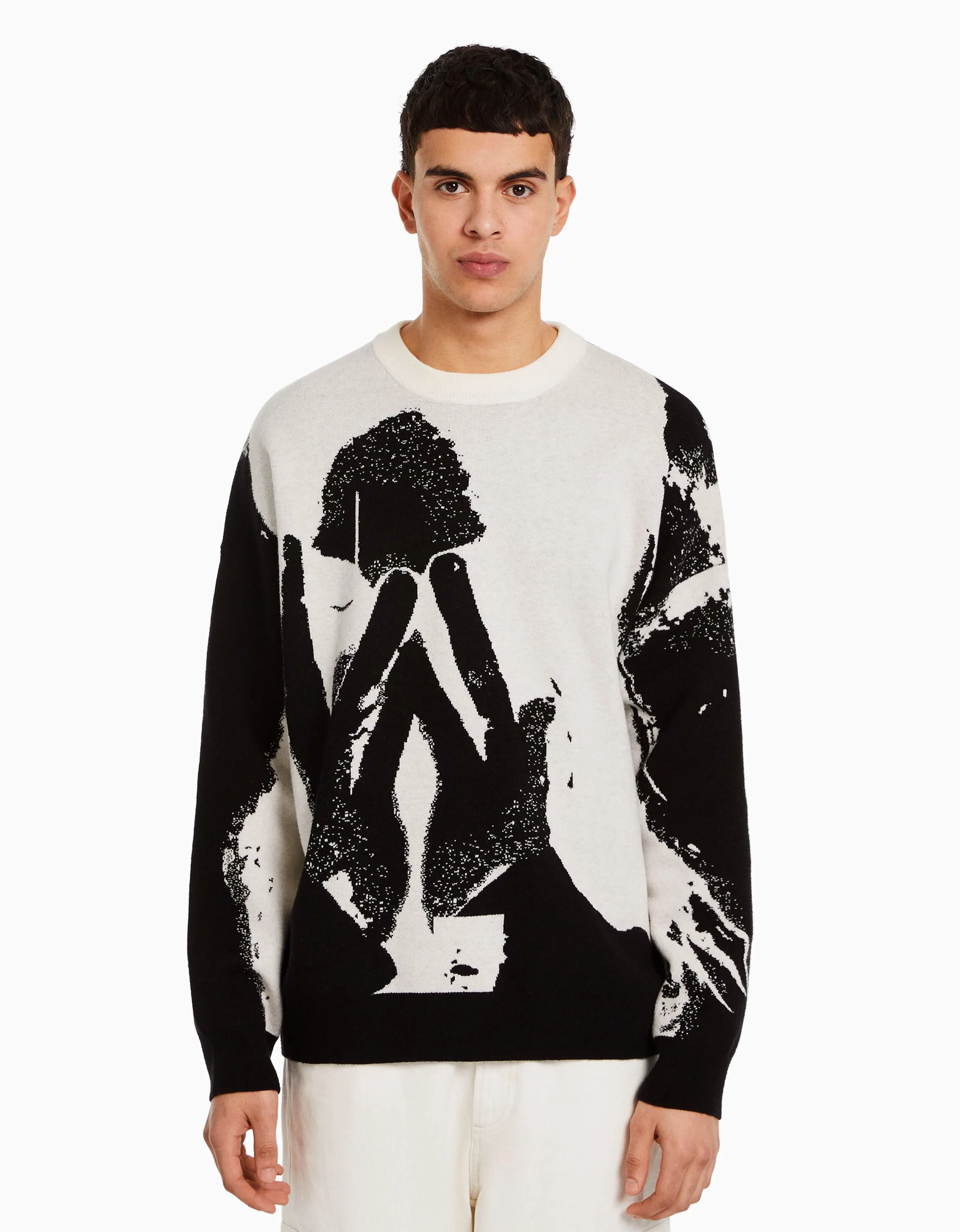 BERSHKA Jersey intarsia Negro Cheap