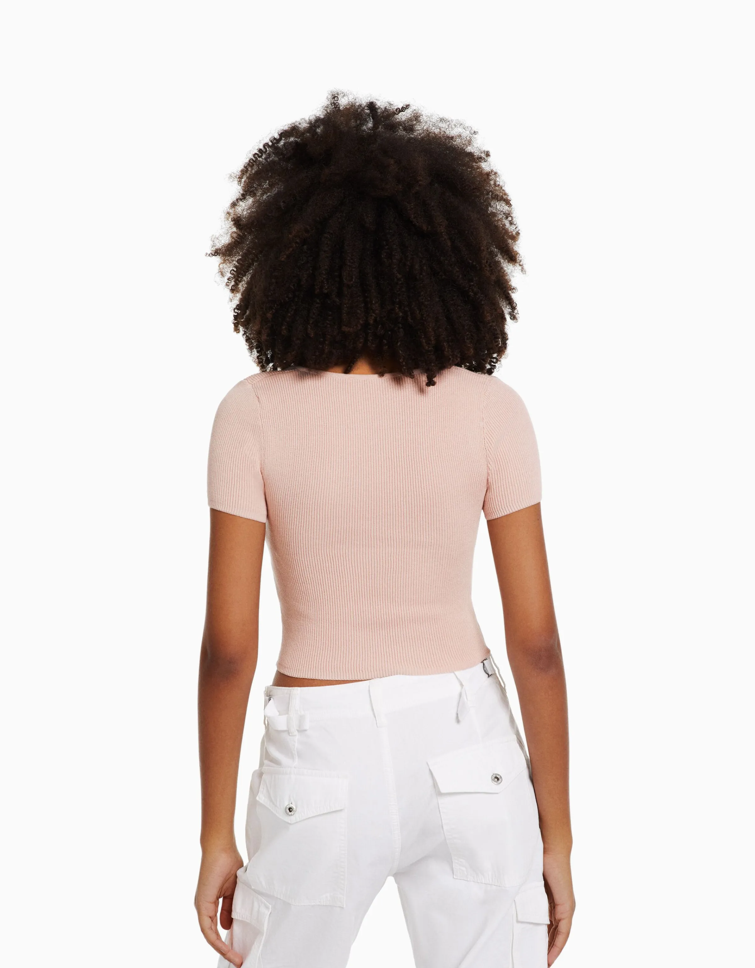 BERSHKA Jersey manga corta escote corazón punto Rosa Hot