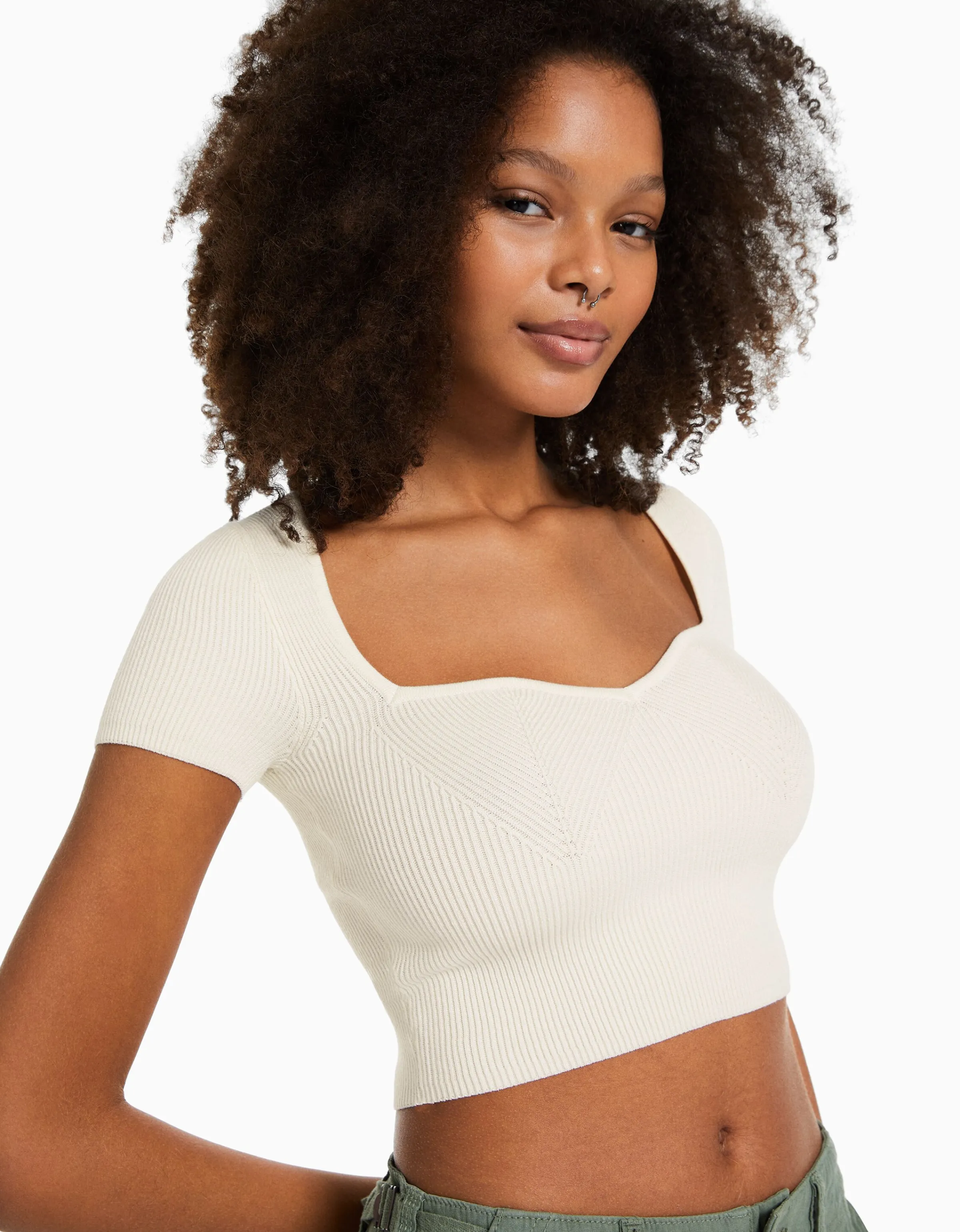 BERSHKA Jersey manga corta escote corazón punto Rosa Best